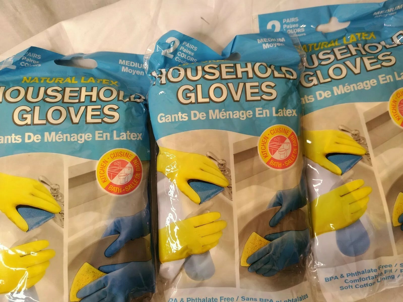 Qty 6 Pairs (3 Packs x 2) Natural Latex Household Gloves Yellow/Blue Medium SM5