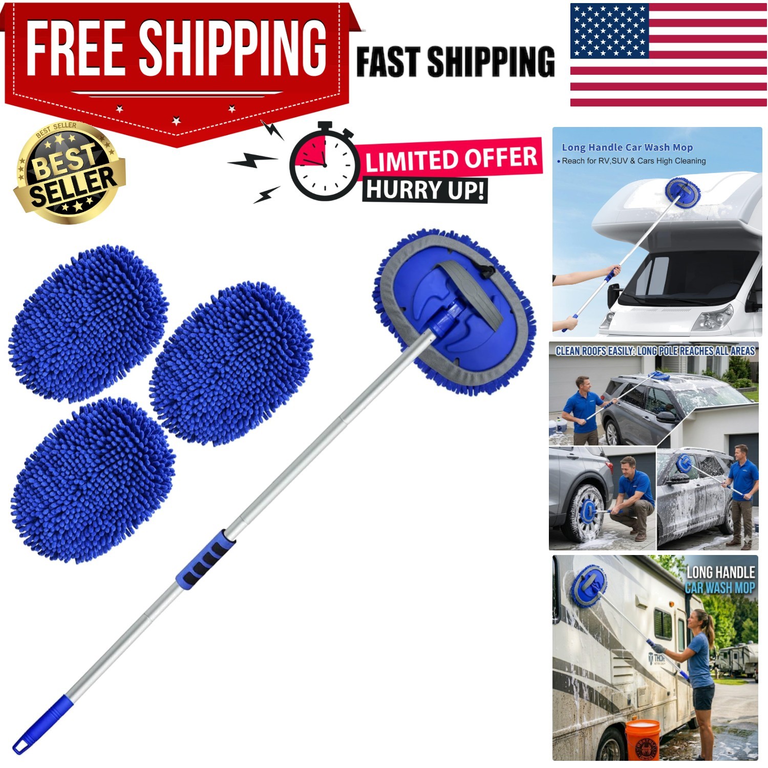 Car Wash Brush Kit – 62″” Long Handle Microfiber Cleaning Brush for Car RV Truck
