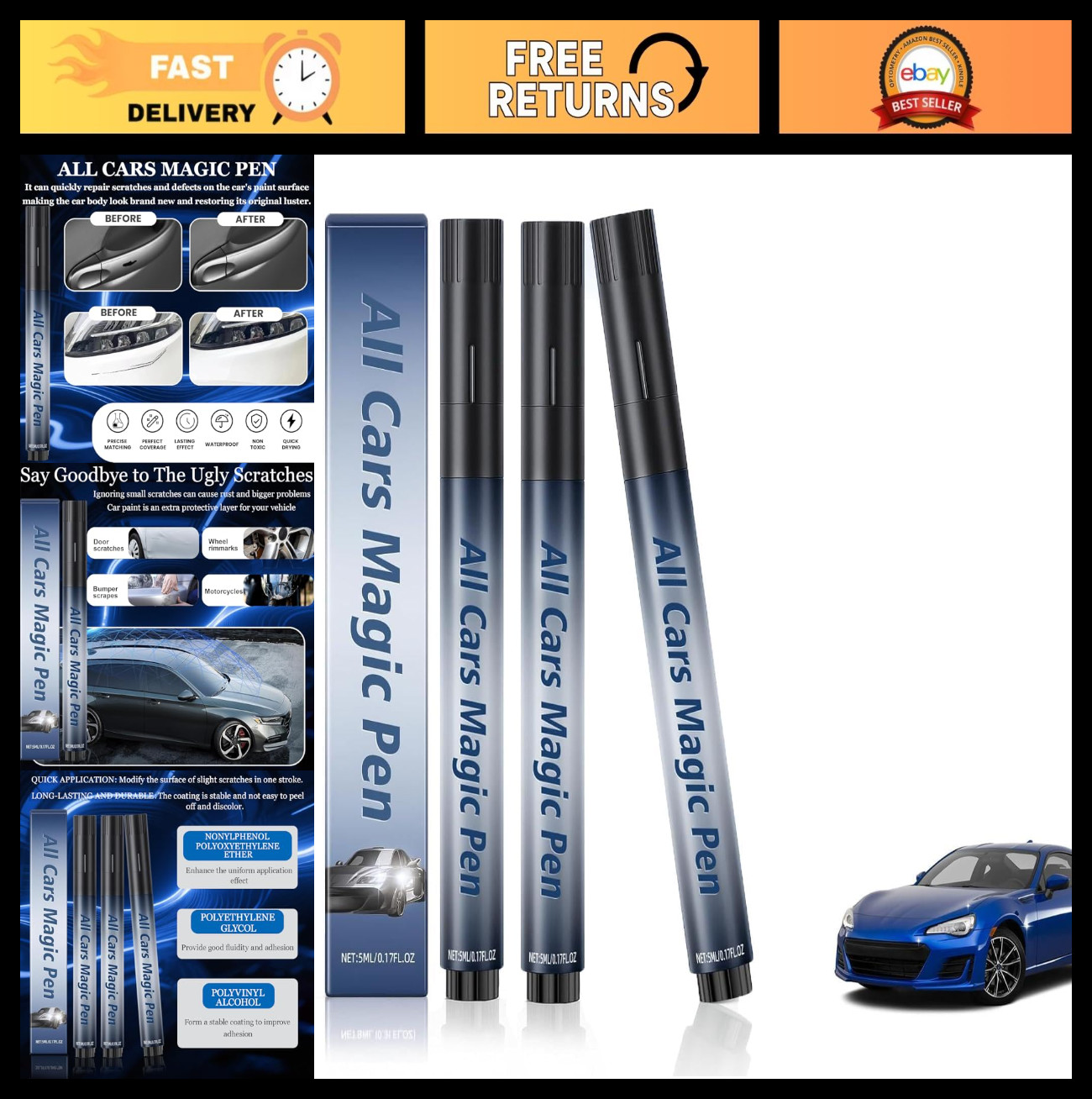 3Pcs Magic Scratch Removal Pen for Cars – Quick Fix for Scratches & Paint Damage