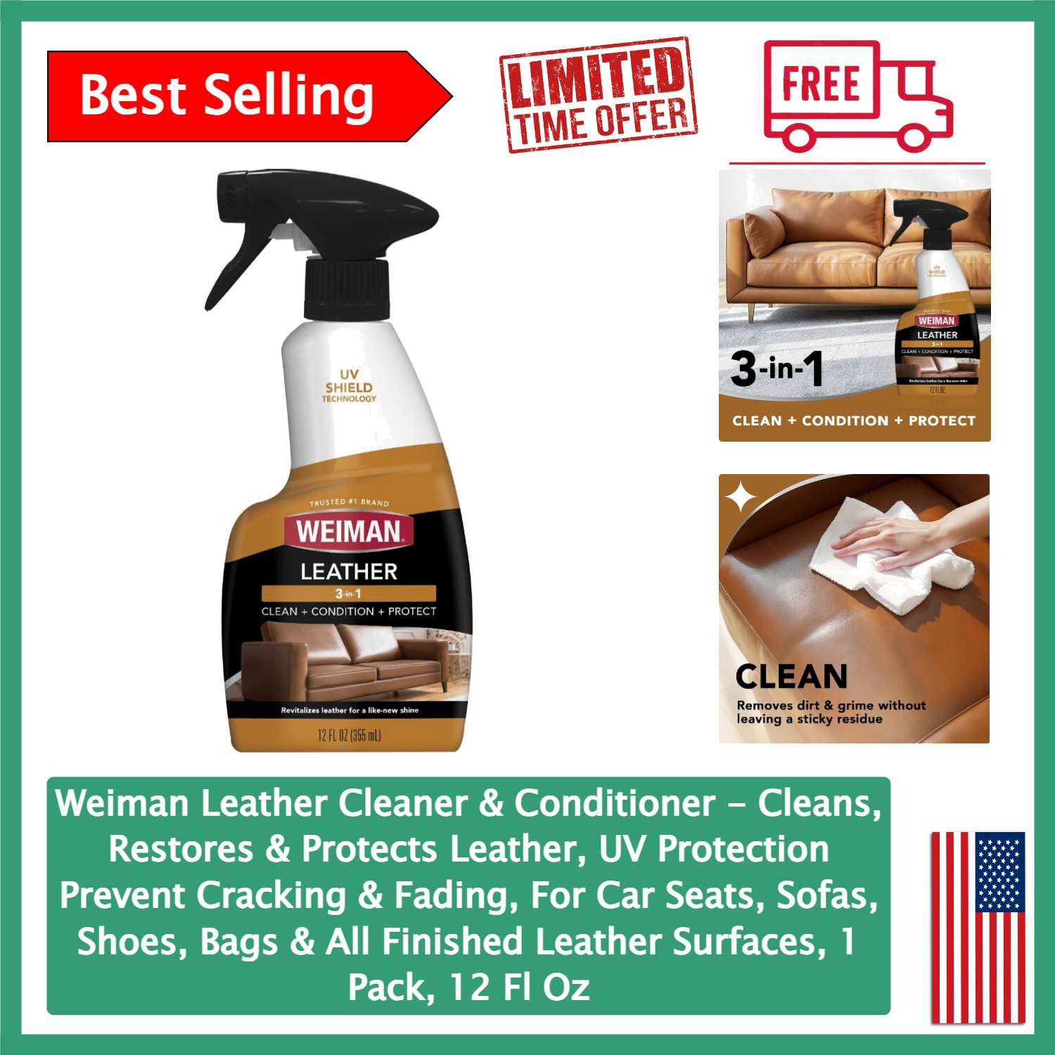 UV Protective Leather Conditioner – Restores & Protects Finished Leather – 12 Oz