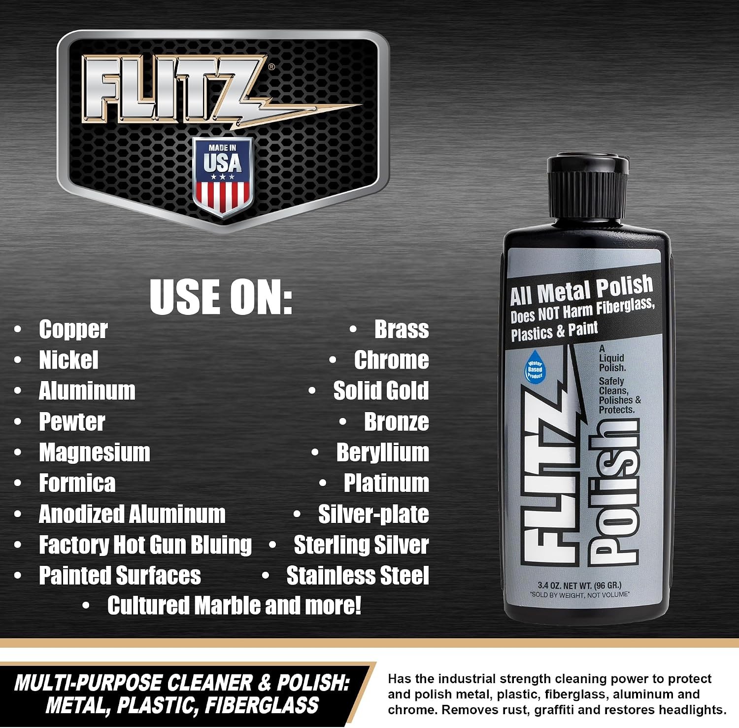Multi Purpose Metal Polish Liquid – 3.4oz Bottle of USA-Made Tarnish Remover –