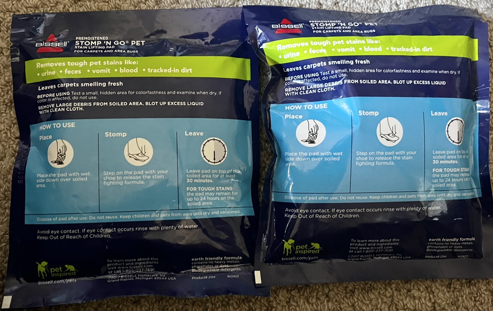 Lot Of 2 Packs Bissell Stomp ‘N Go Pet Lifting Pads + Oxy Stain Removal Carpet
