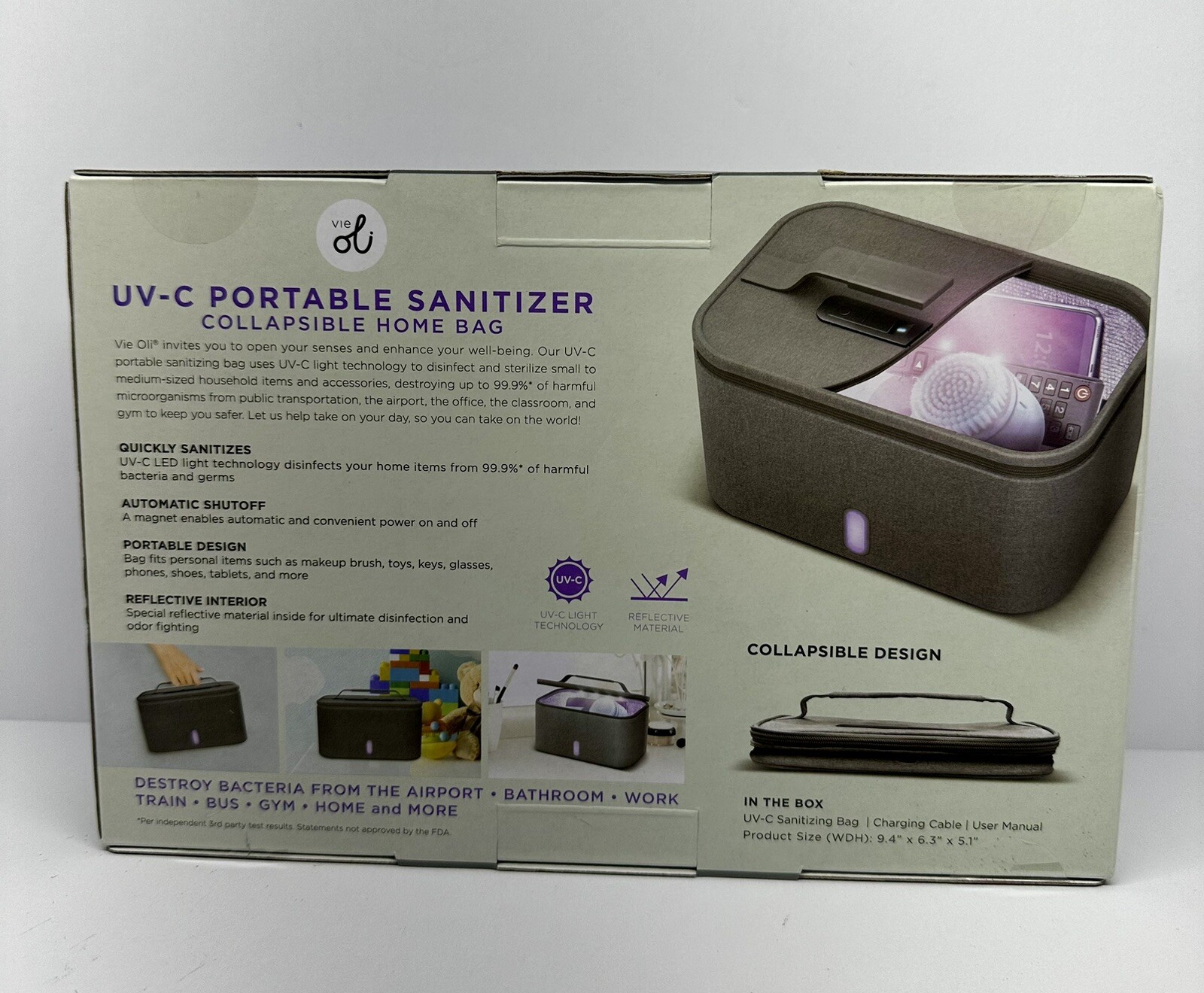 Vie Oli UV-C Portable Sanitizer Collapsible Travel Bag Mo OLID1091GY New