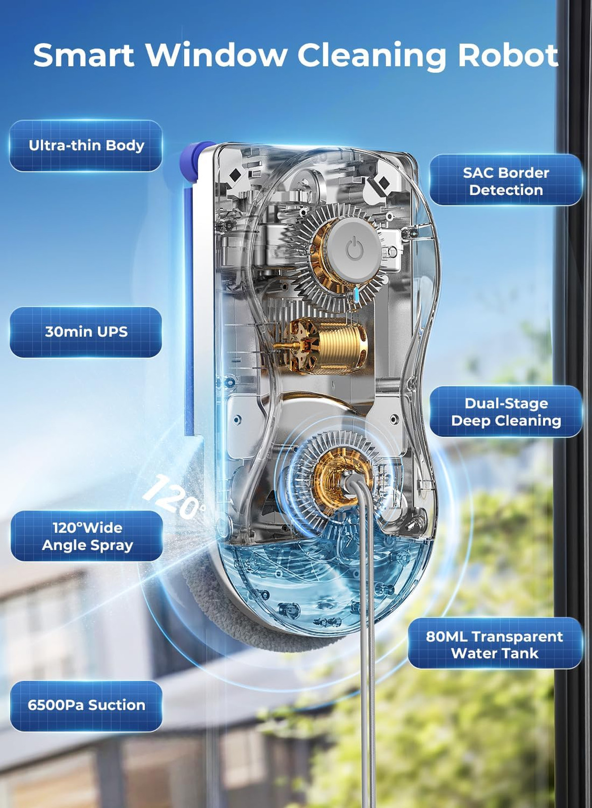 Window Cleaning Robot Ultrasonic Dual Spray 6500Pa Strong Suction Edge Corner