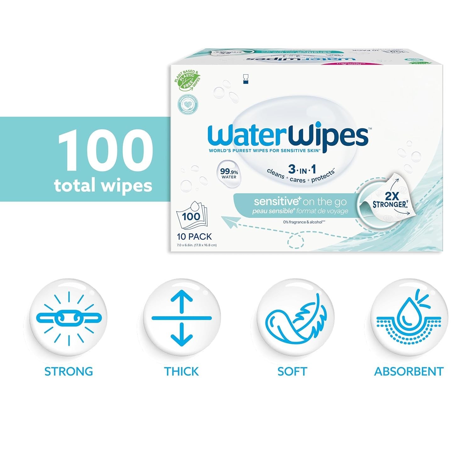 3-in-1 Hypoallergenic Disposable Wipes – 99.9% Water, Travel Size Pack of 10