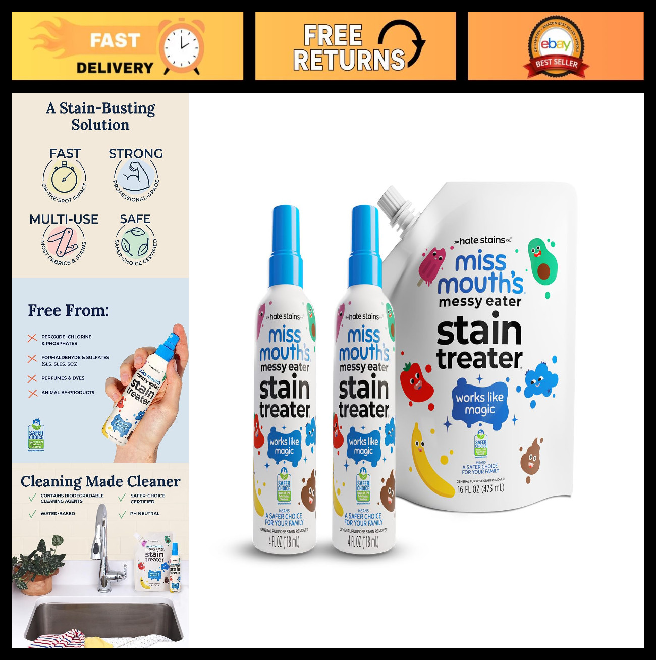 Messy Eater Stain Remover 2-Pack Spray & 16oz Refill – Baby Clothes, Carpet Clea