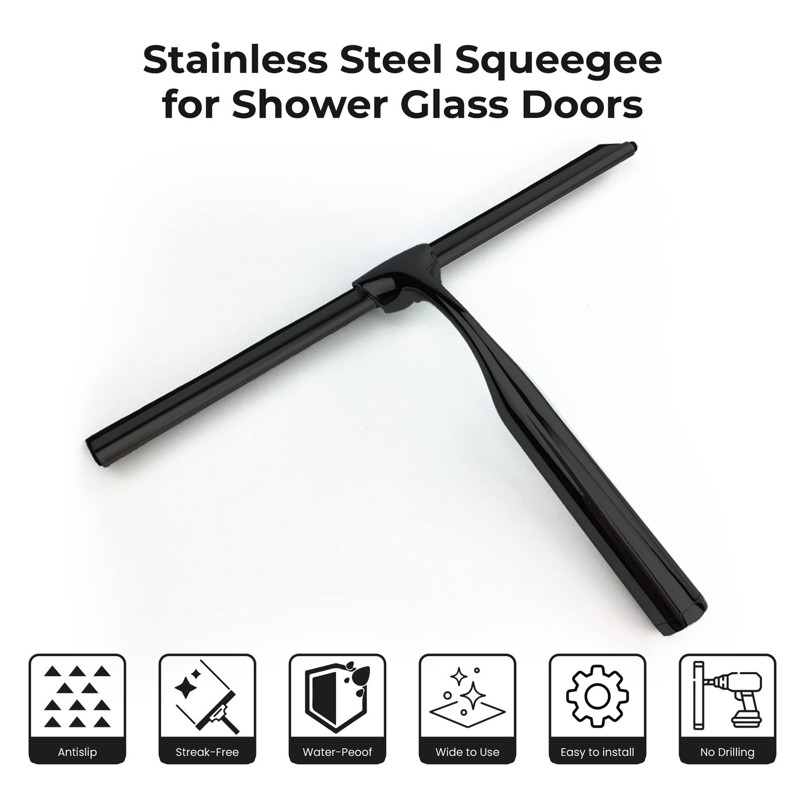Matte Black Shower Squeegee for Glass Doors with Adhesive Hooks, Squeegee for…