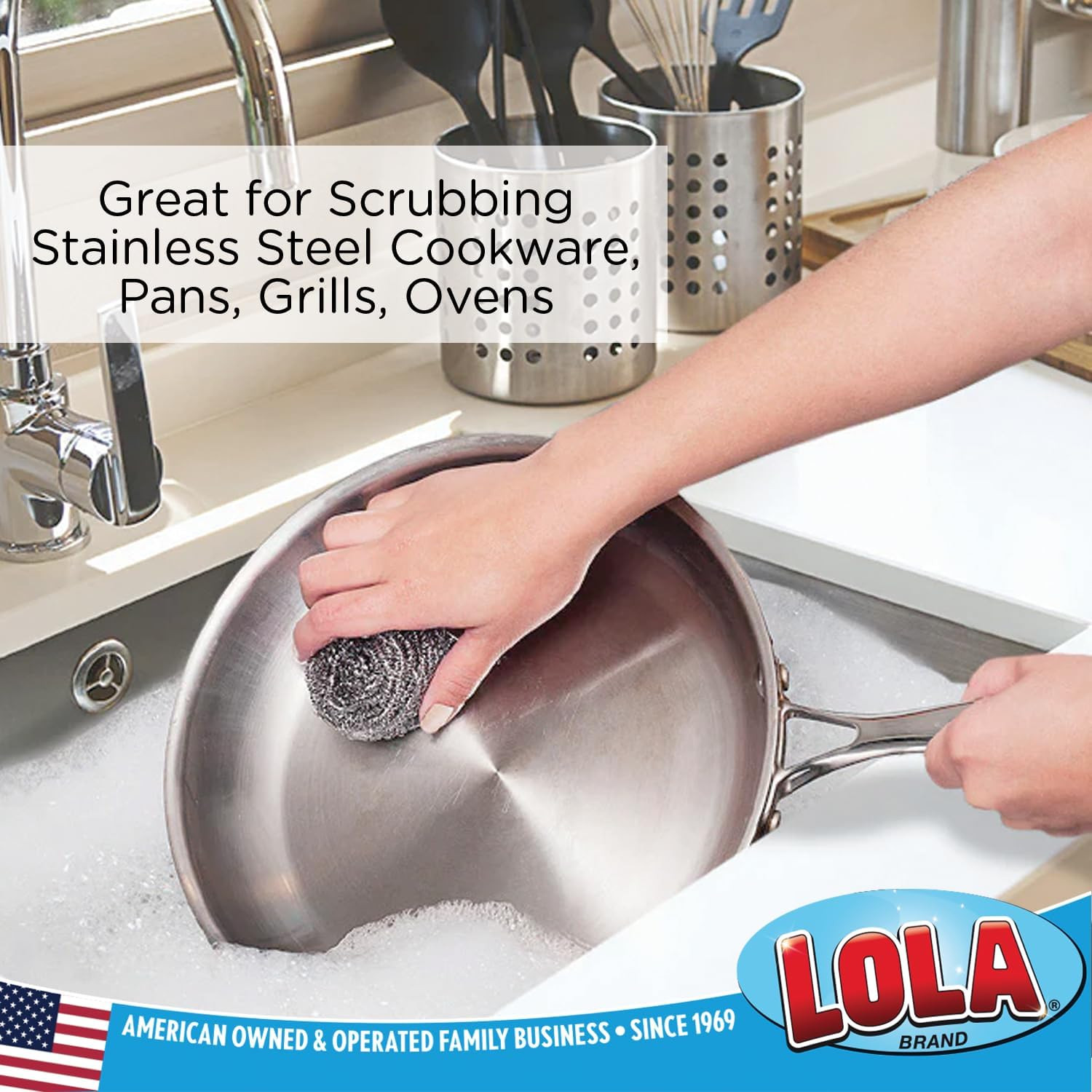 Stainless Steel Wool Scourer -Jumbo Sized- 35 Grams, by LOLA, Curled Flat Wire,