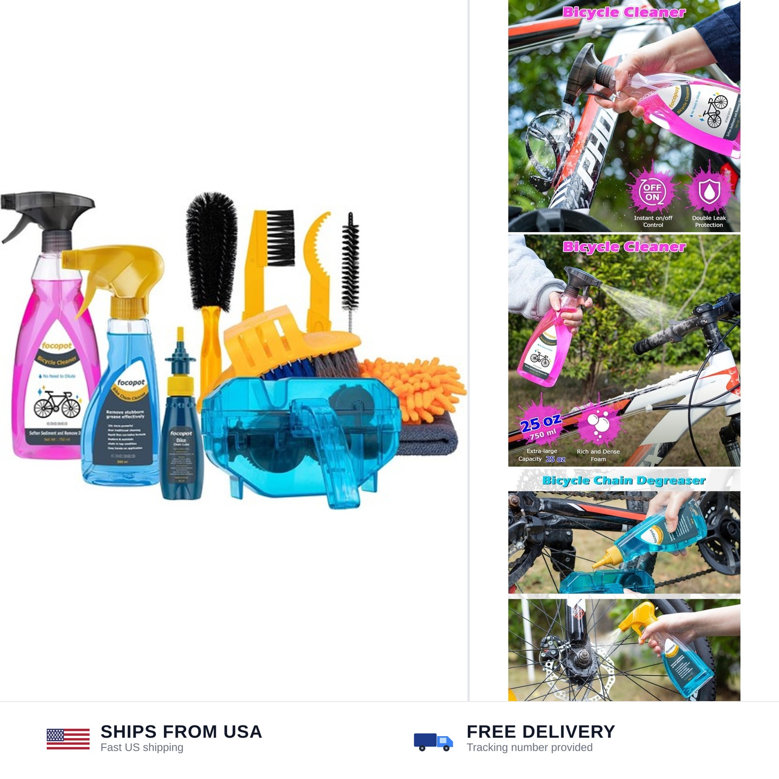 focopot Bike Cleaning Kit with Bicycle Cleaner(25 oz),Degreaser(10 oz),Oil Lu…