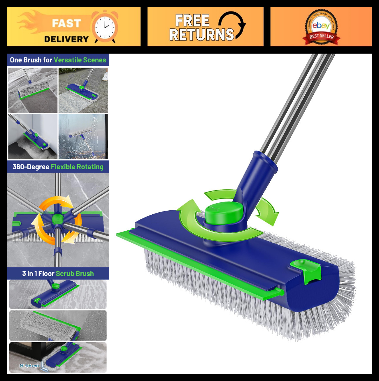 Heavy-Duty 3-in-1 Floor Scrub Brush with Long Handle & Squeegee for Tile, Bathro