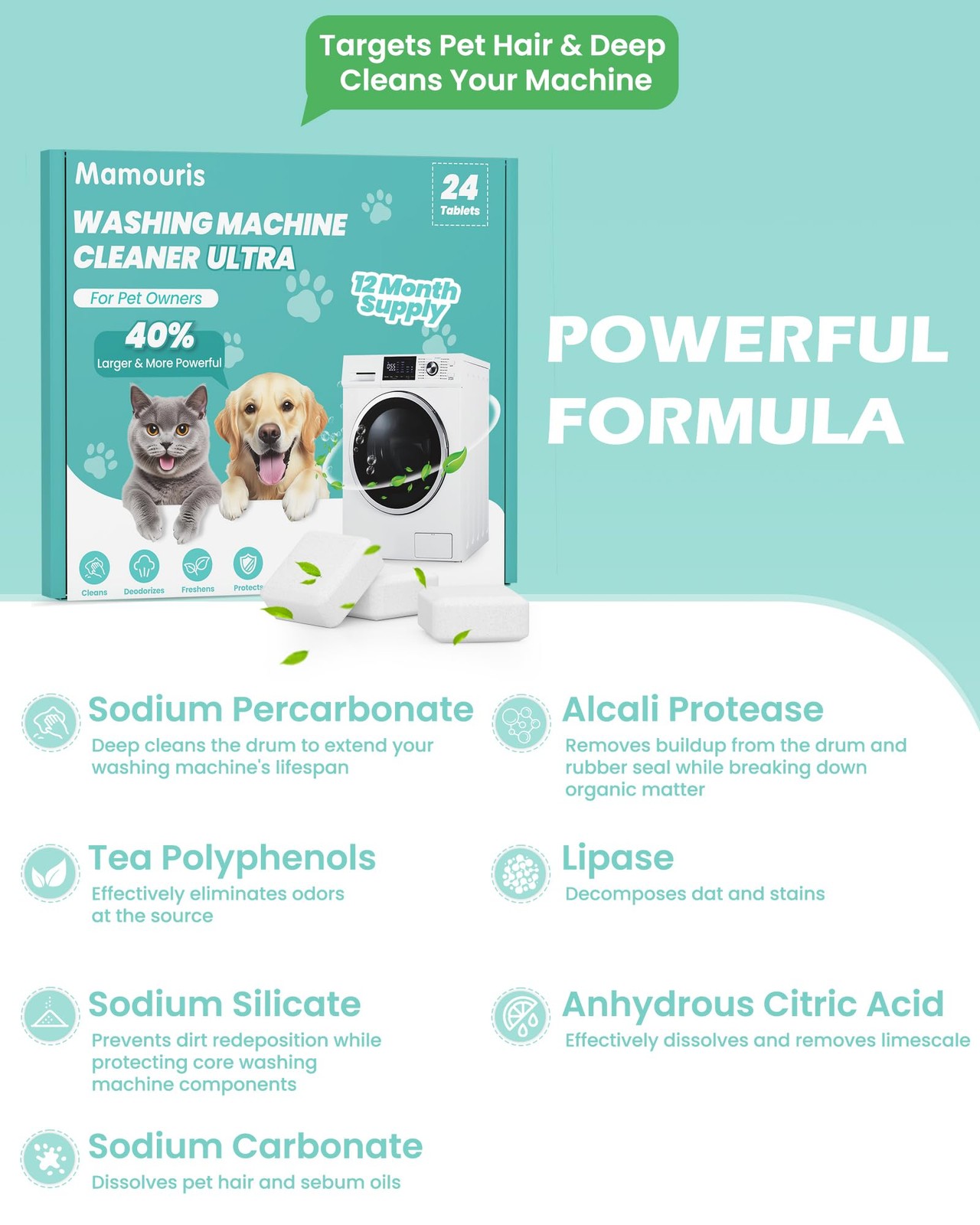 Mamouris Washing Machine Cleaner Tablets: 40% Stronger Cleaning Power, Deep Clea