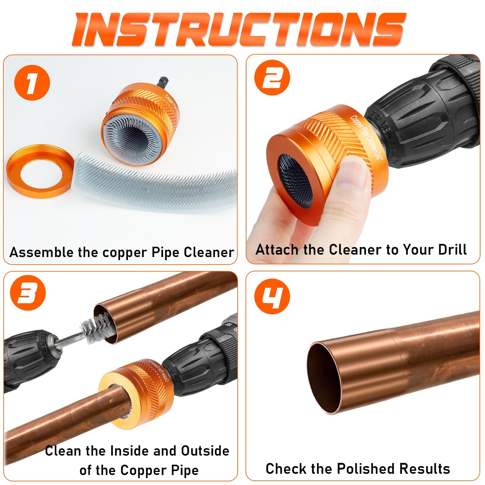 1/2″ 3/4″ 1″ Copper Pipe Cleaner Set for Drill, Pipe Tool Cleaner Brushes wit…