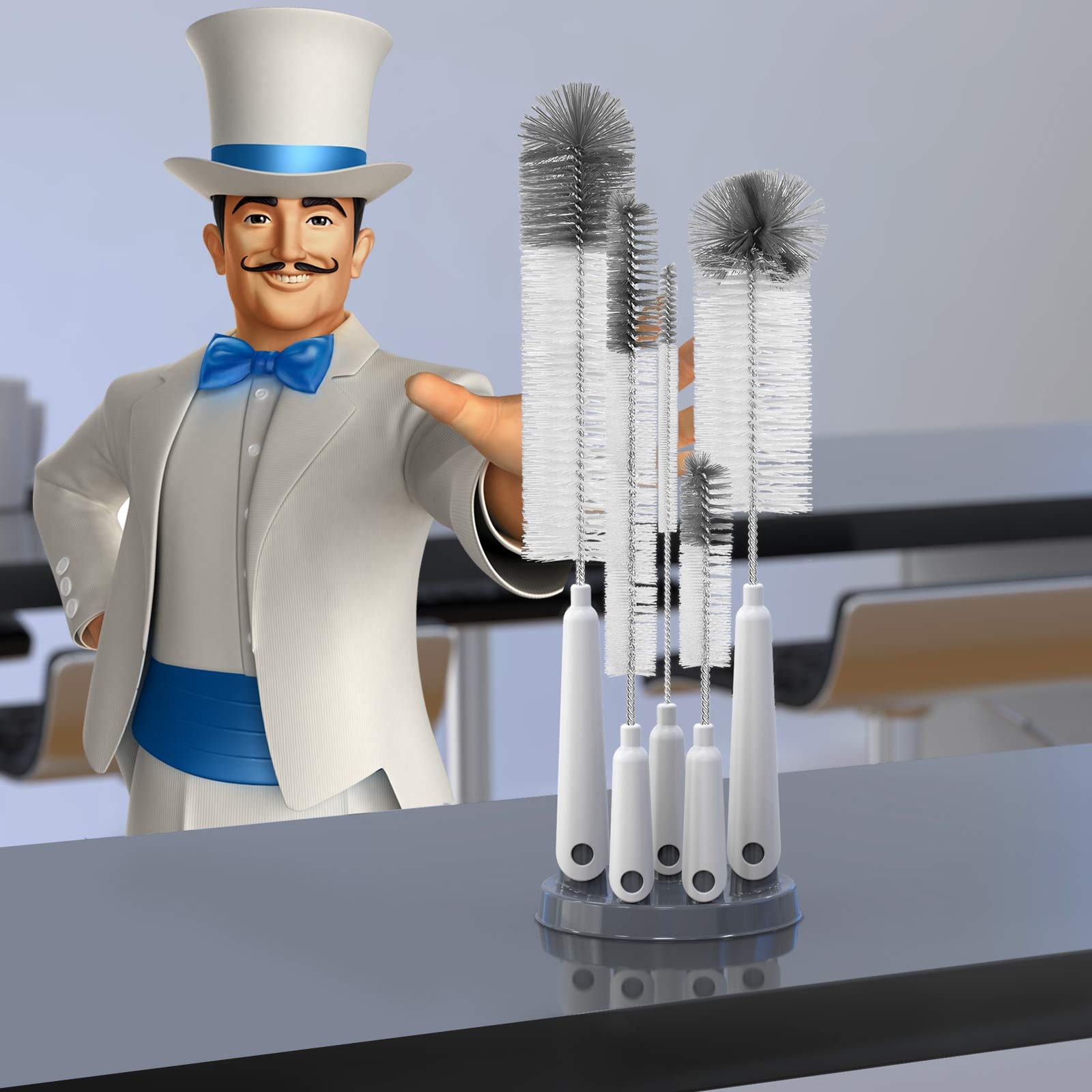 Bottle Brush Cleaning Set with Holder Nylon Bristles Glass Cup Scrubber 5 Pac…