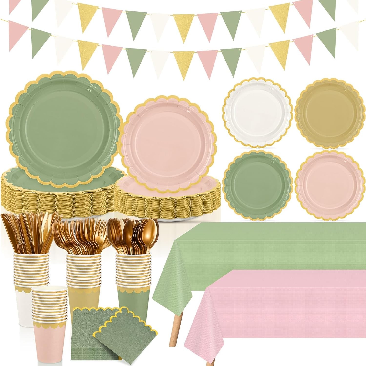 Mimorou 342 Pcs Sage Green and Pink Party Supplies Green and Pink Tableware Pa