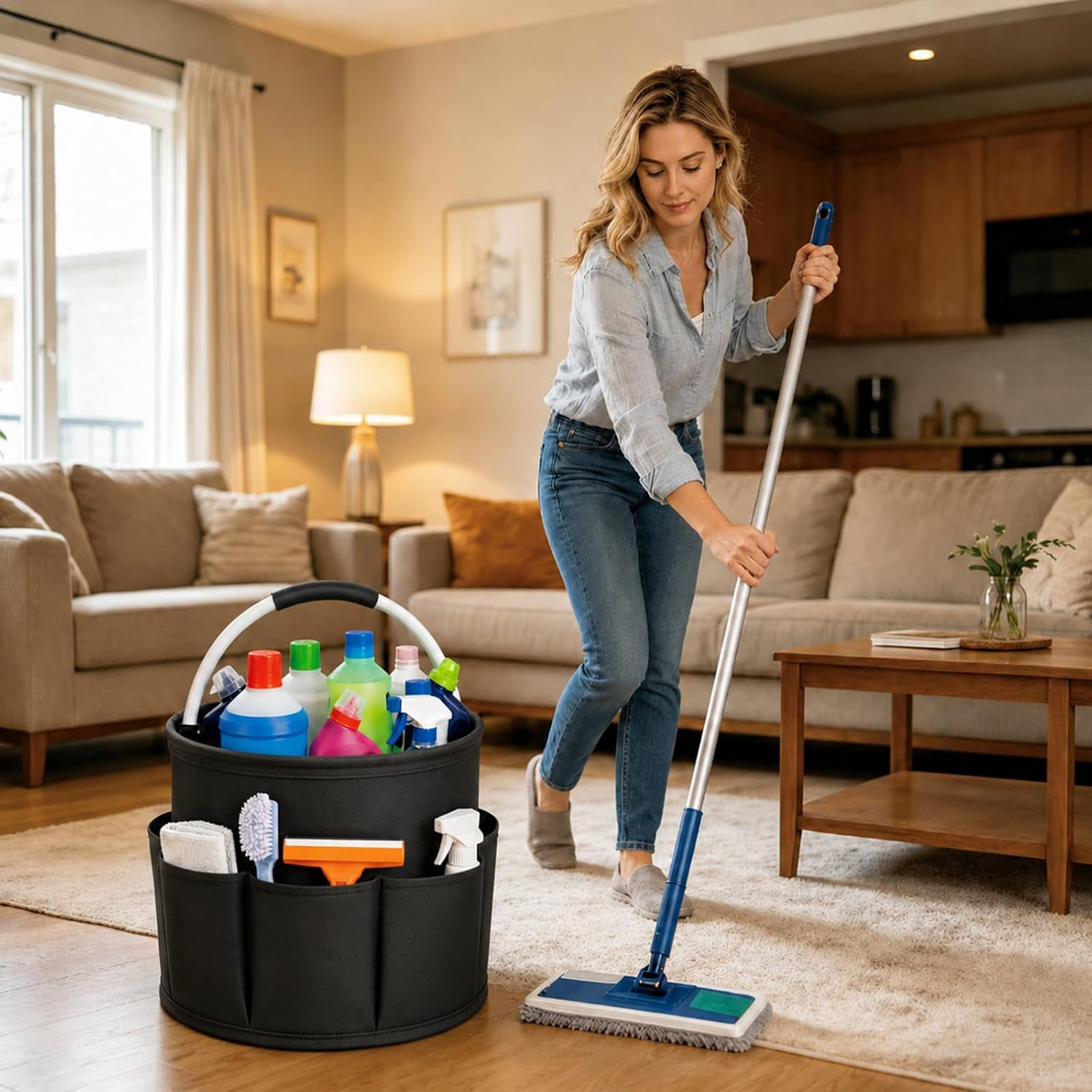 UFORU Cleaning Caddy with Handle, 17L Foldable Cleaning Supply Organizer with 6