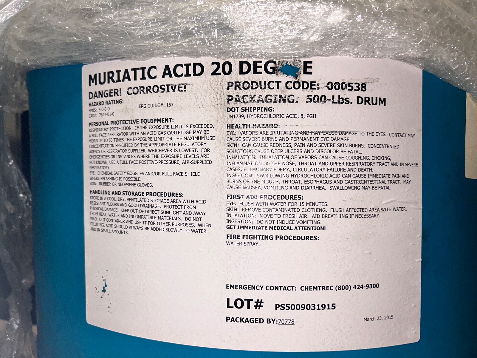 Muriatic Acid 20 Degree 500 lbs