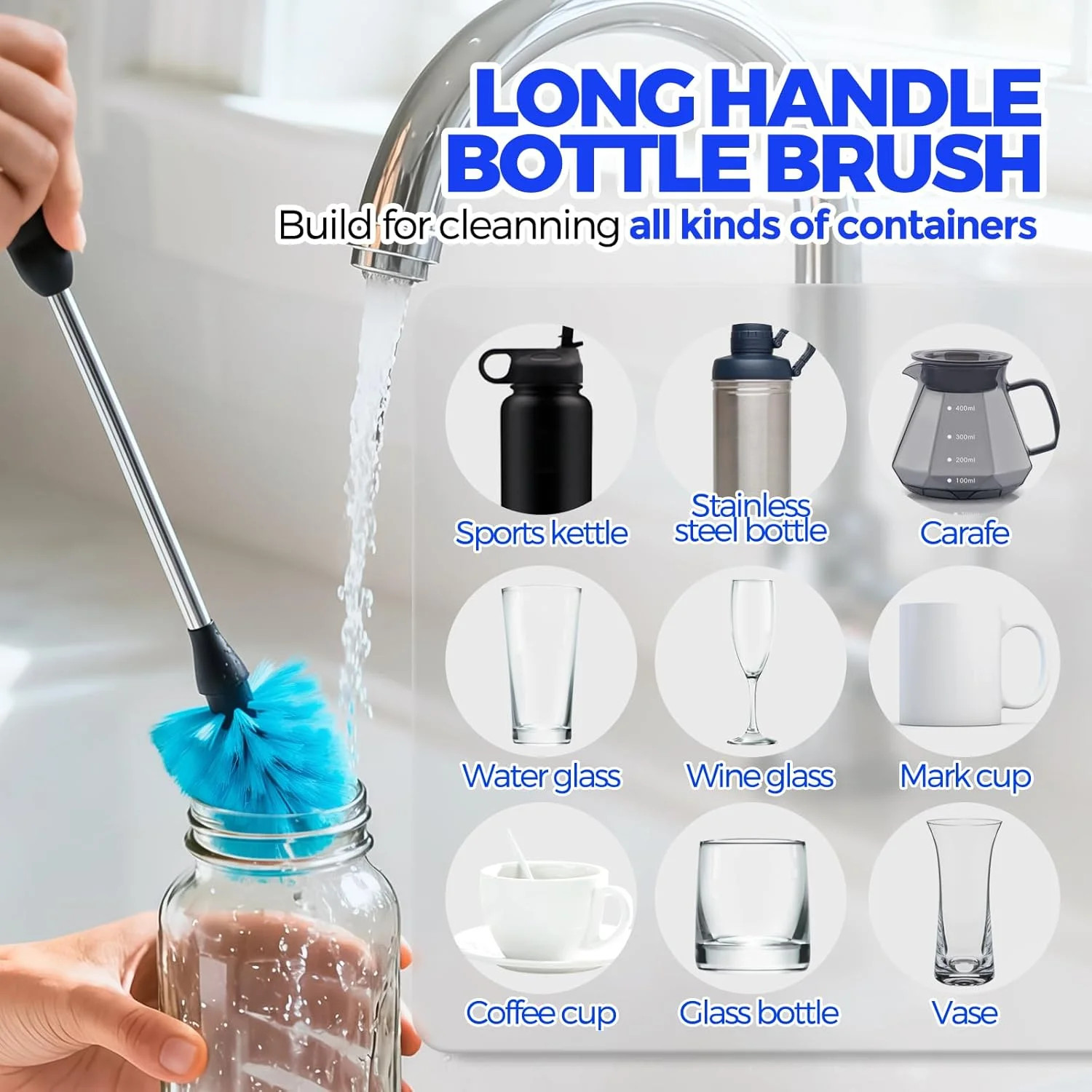 6 Pack Bottle Brush Set, 14.5″ Long Handle Stainless Steel Bottle Cleaner Brush,