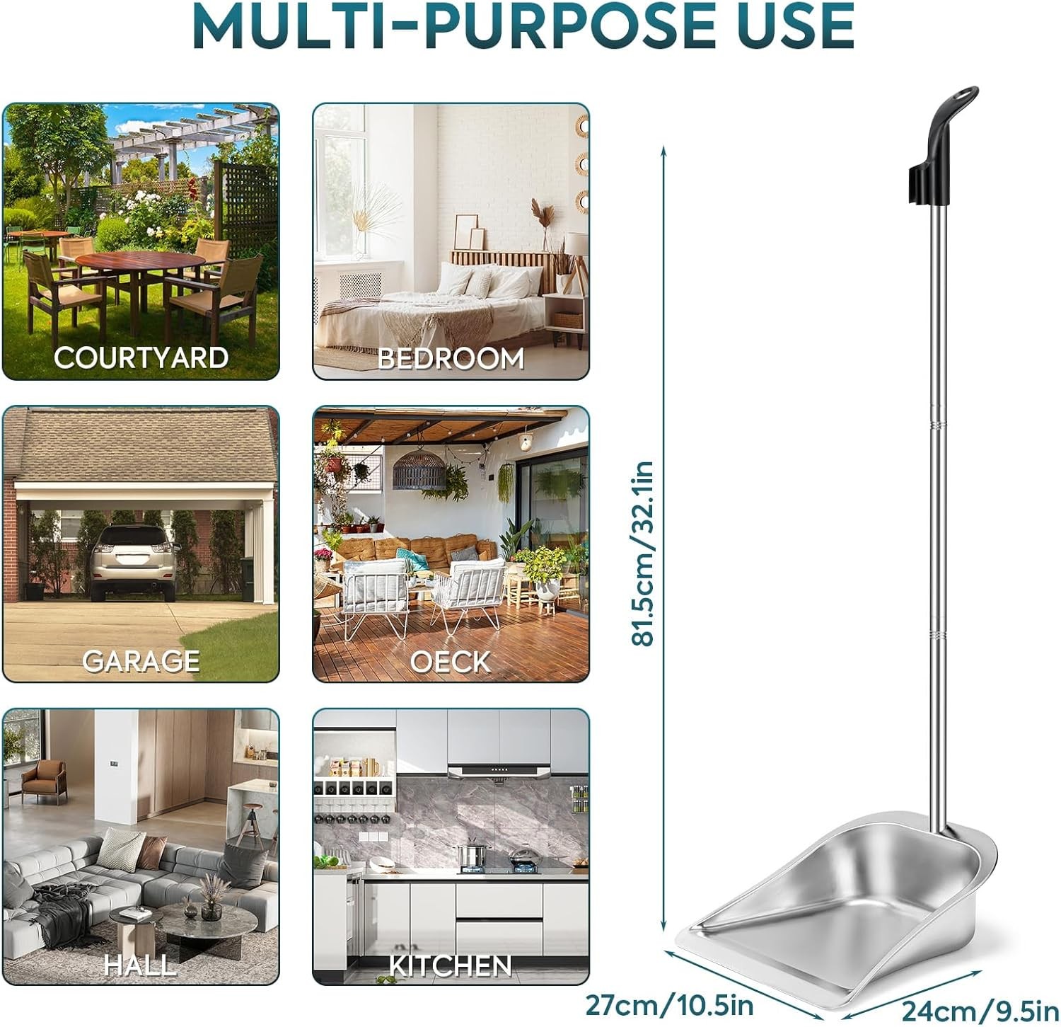 Long Handled Dust Pan and Broom Set for Home, Heavy Duty Metal