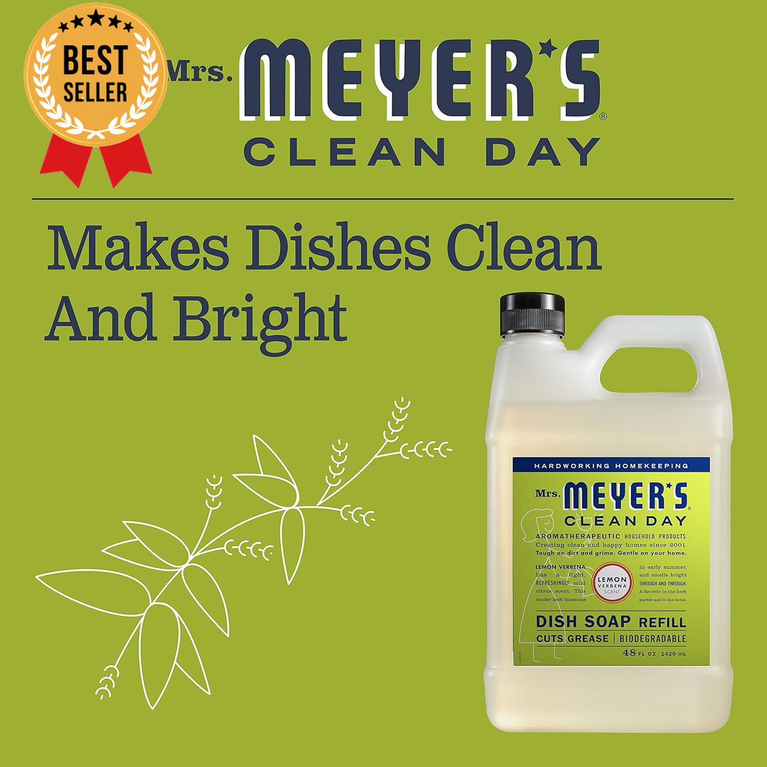 Clean Day Liquid Dish Soap Refill 48oz Biodegradable Lemon Verbena Scent