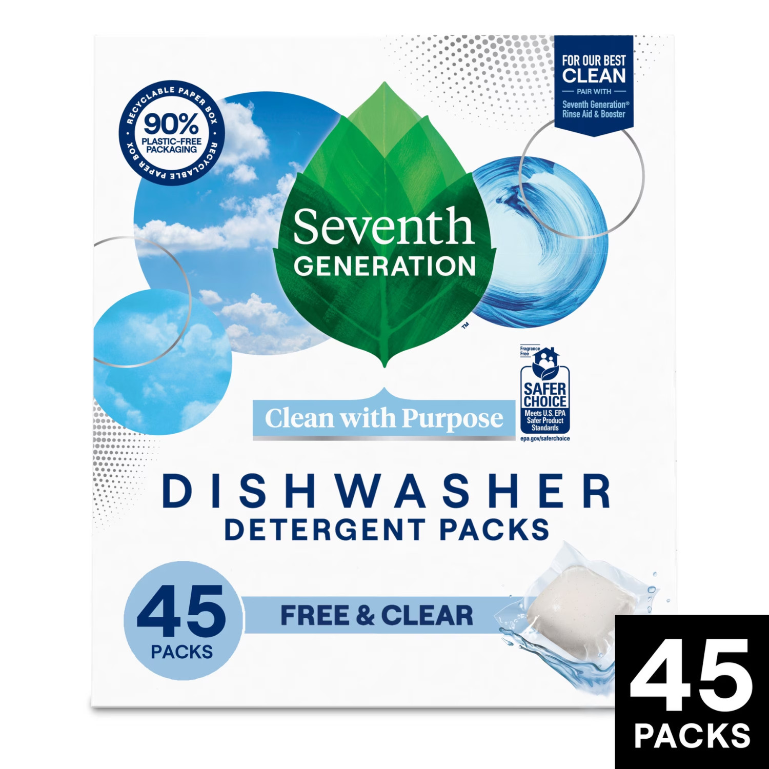 Seventh Generation Free & Clear Dishwasher Detergent Packs, 45 Count Tabs