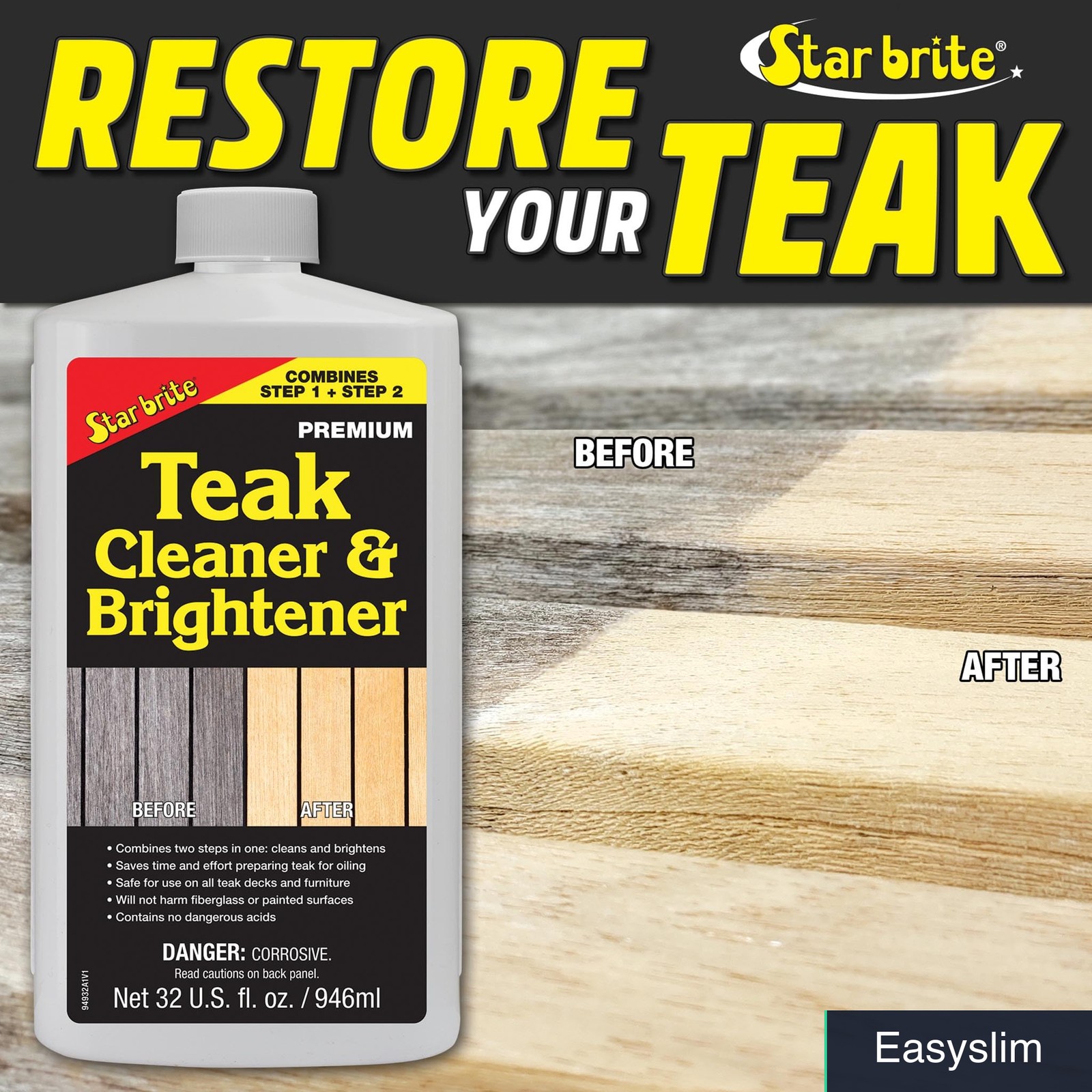 Teak Cleaner & Brightener 32 oz Removes Stains Restores Weathered Wood
