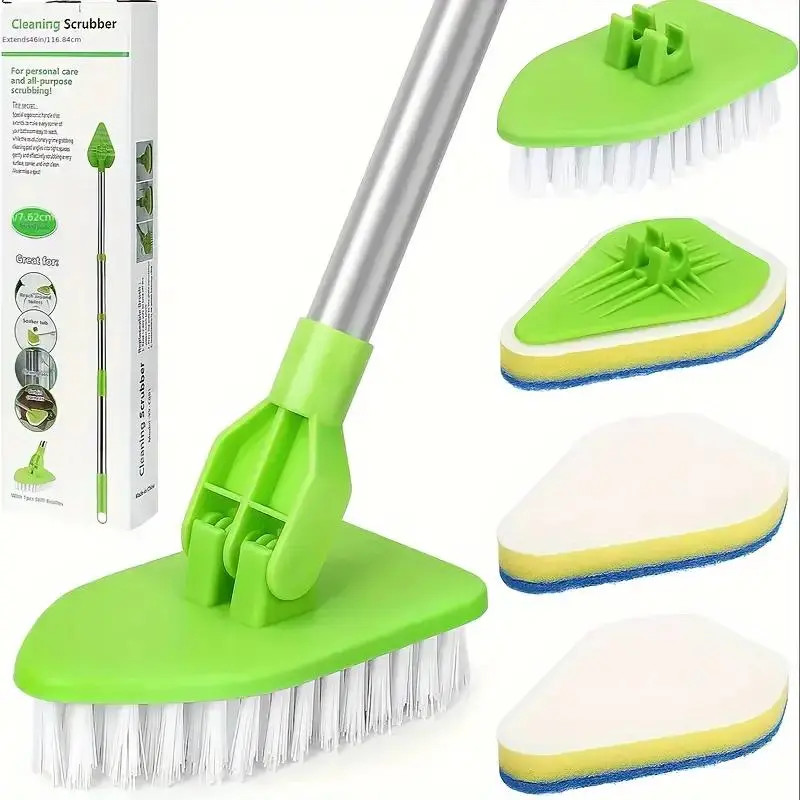 2 in 1 Retractable Bathroom Cleaning Brush Set 3 Sponge Heads Kitchen