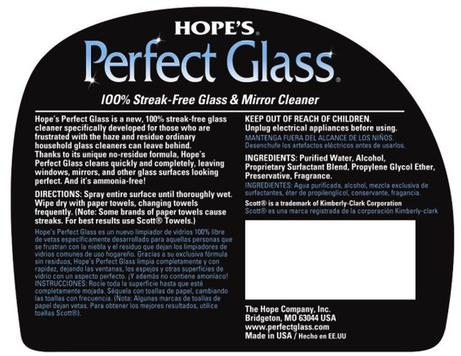 HOPE’S Perfect Glass streak free GLASS CLEANER ammonia free 32 ounce HOPES 32PG6