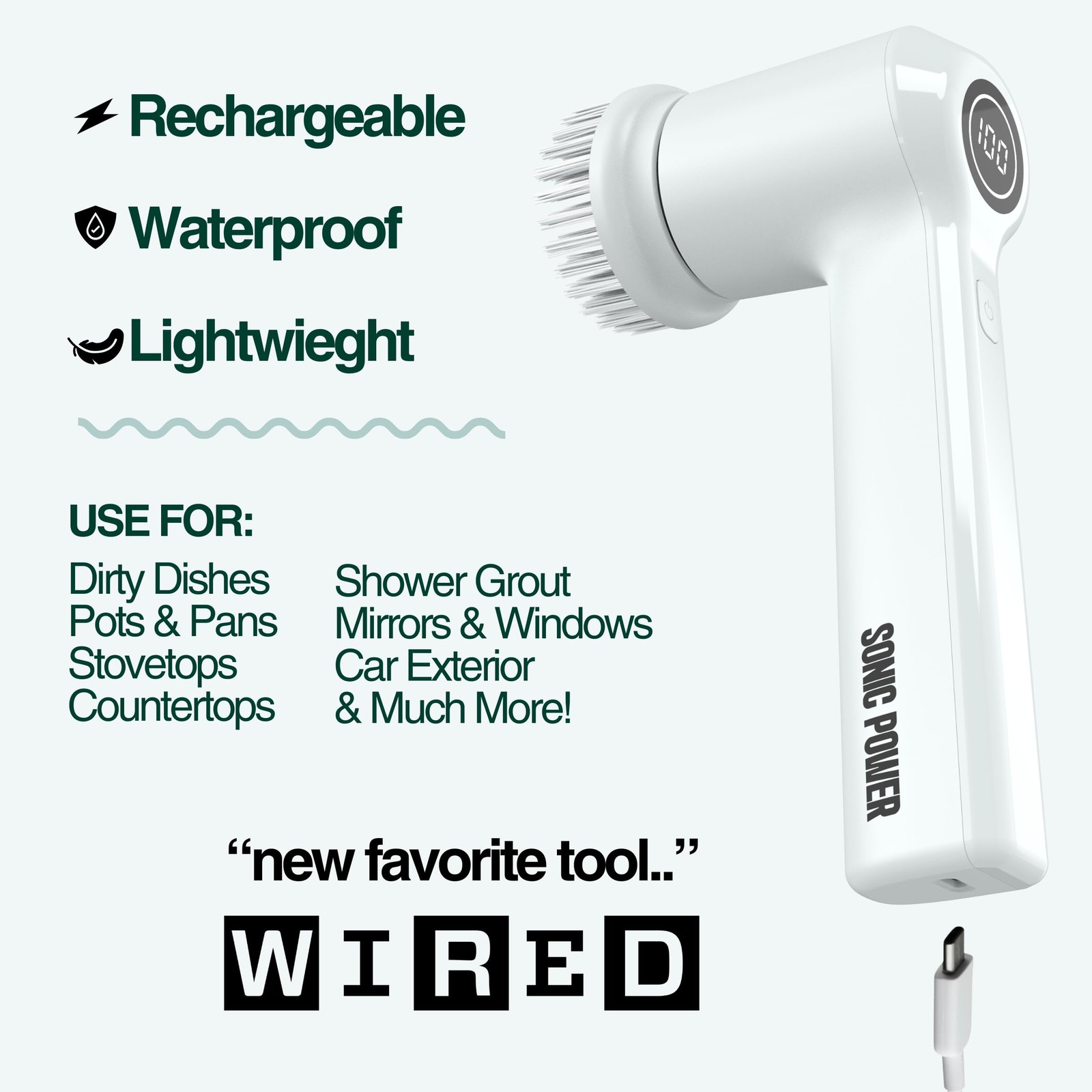 SonicPower Waterproof Electric Scrubber with Long Battery Life and LED Display