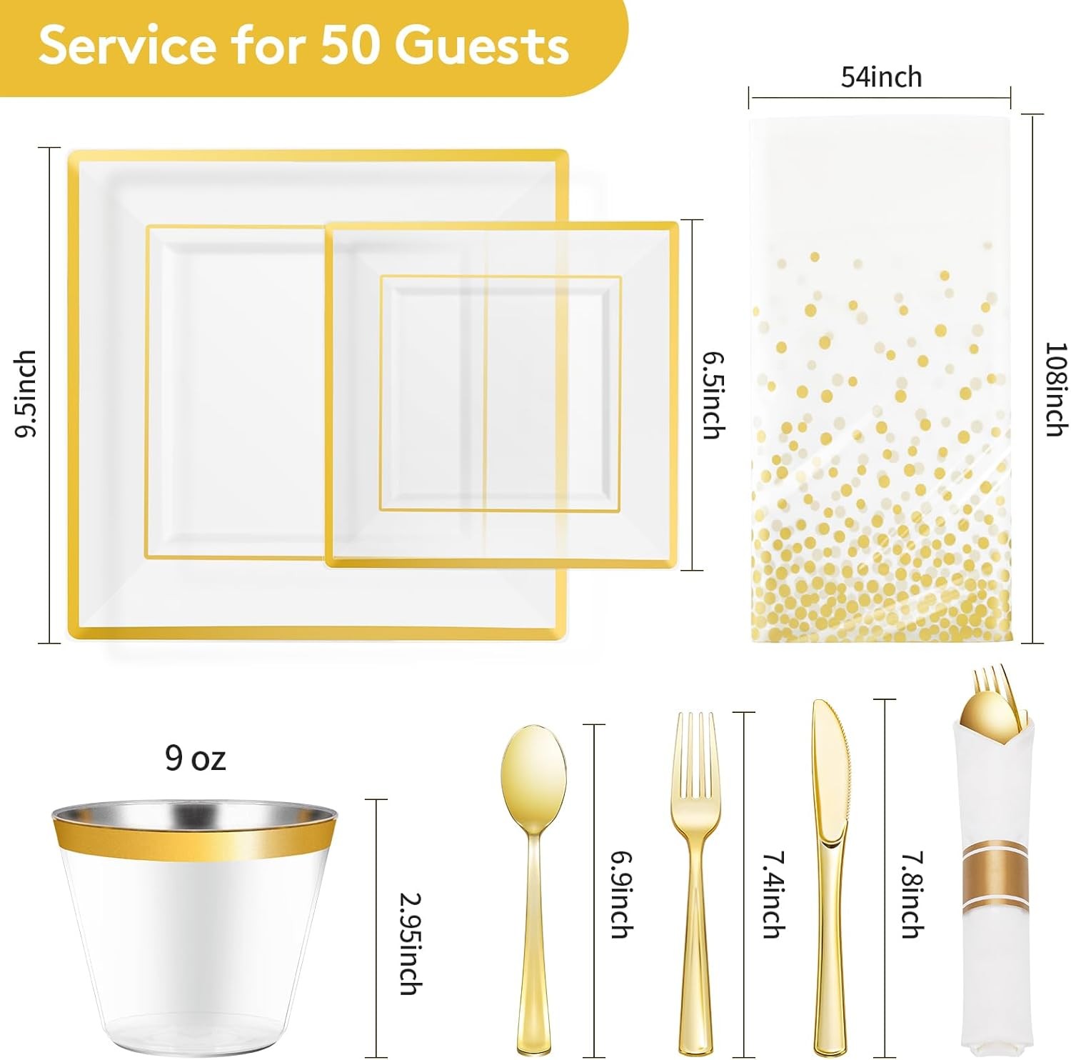 Goodluck 352 Pieces Clear Gold Dinnerware Set for 50 Guests, Clear Square Plas