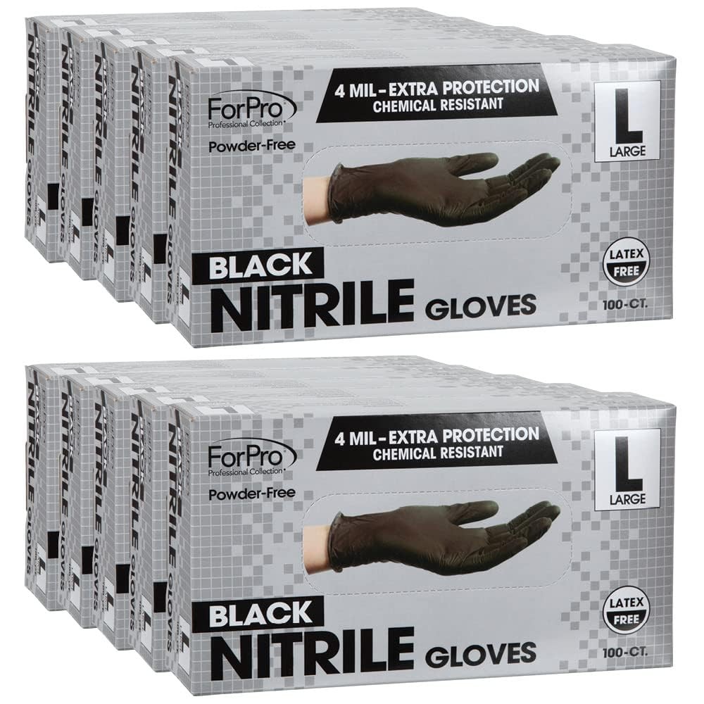 ForPro Disposable Nitrile Gloves, Chemical Large (Pack of 1000), Black