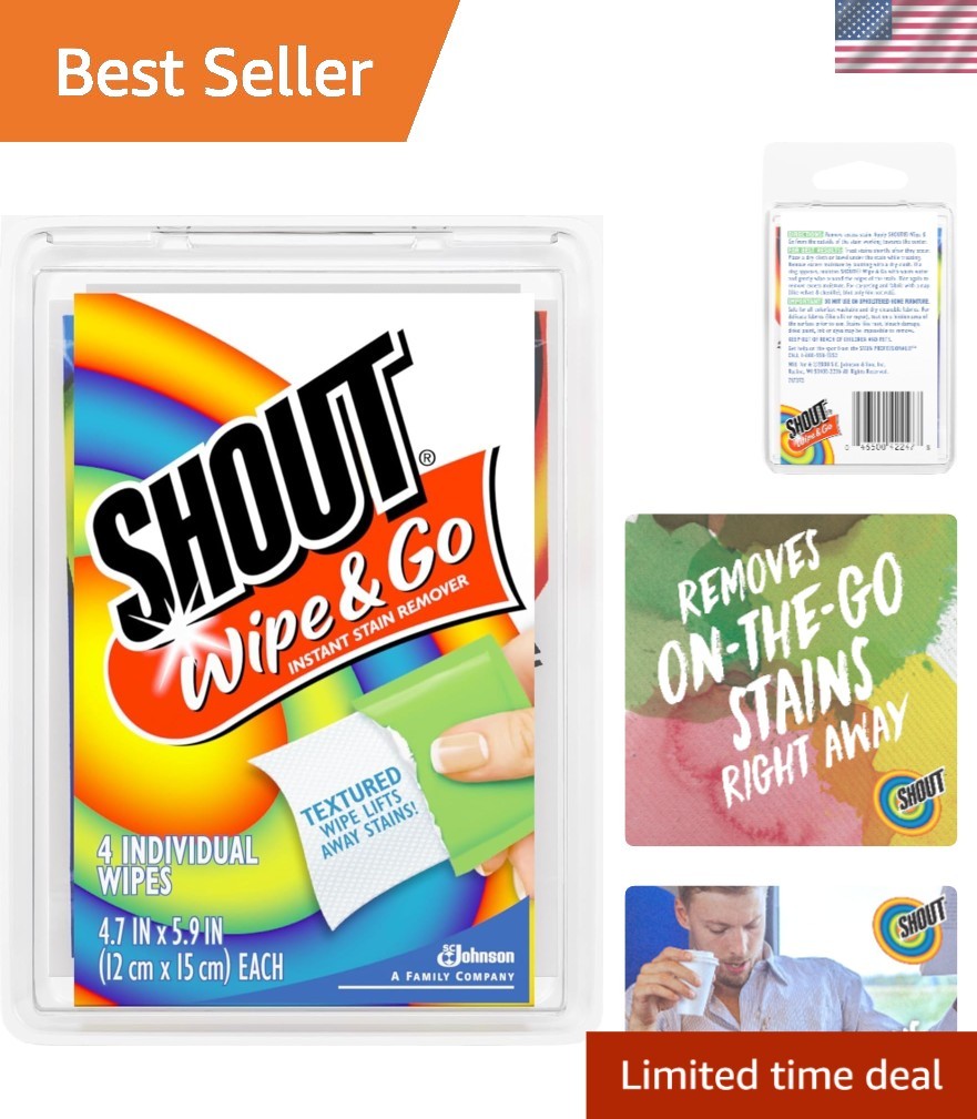Portable Shout Wipes, Quick & Easy Stain Remover – 4 Individually Wrapped Wipes