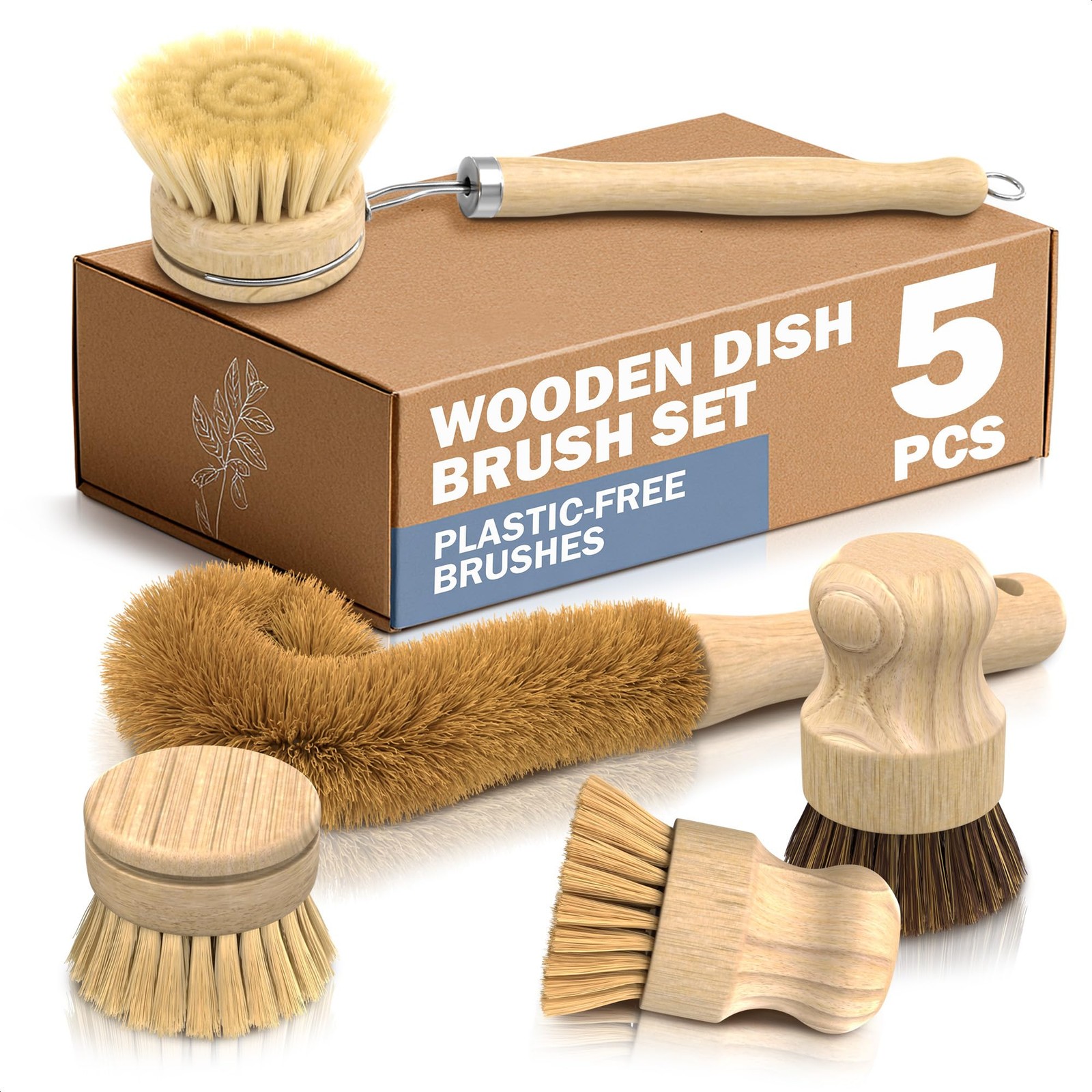5 Pcs Bamboo Dish Brush Set – Bamboo Dish Scrubber with Soft & Stiff Non-Scratch