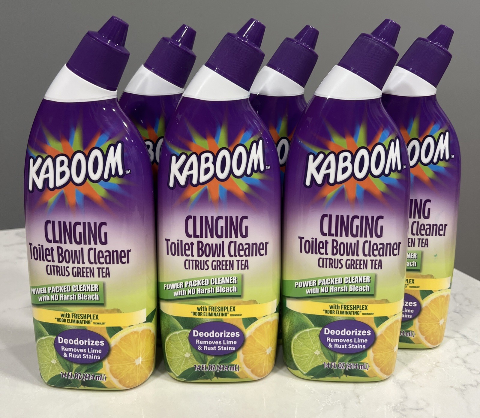 KABOOM Clinging Toilet Bowl Cleaner Green Tea Citrus Deodorizer 14.Oz 6 Bottles