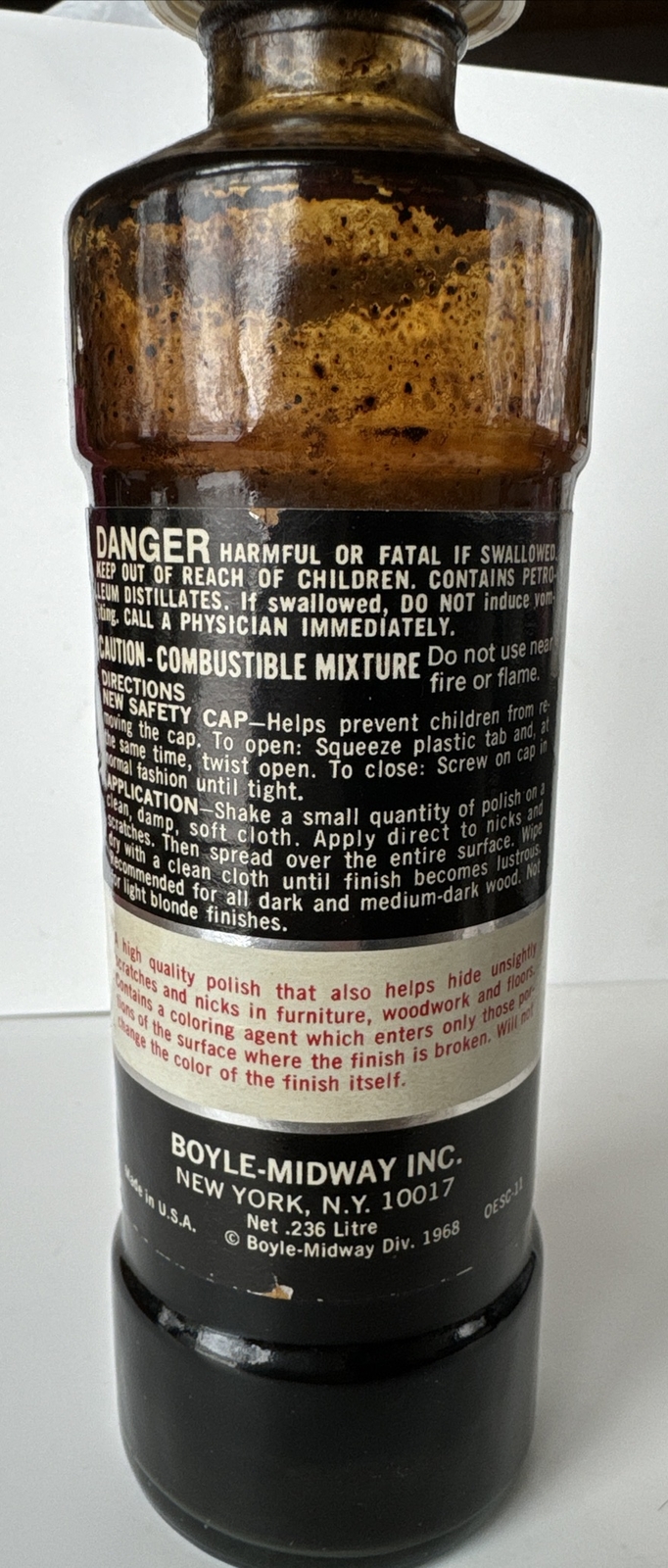 Vintage 1968 Genuine Old English Furniture Scratch Cover Glass Bottle about 3/4