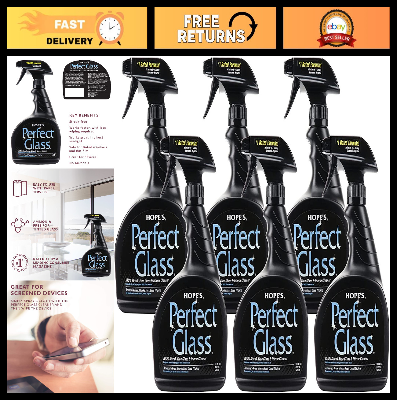 Streak-Free Glass Cleaner Spray – Ammonia-Free for Windows, Mirrors, Screens & M