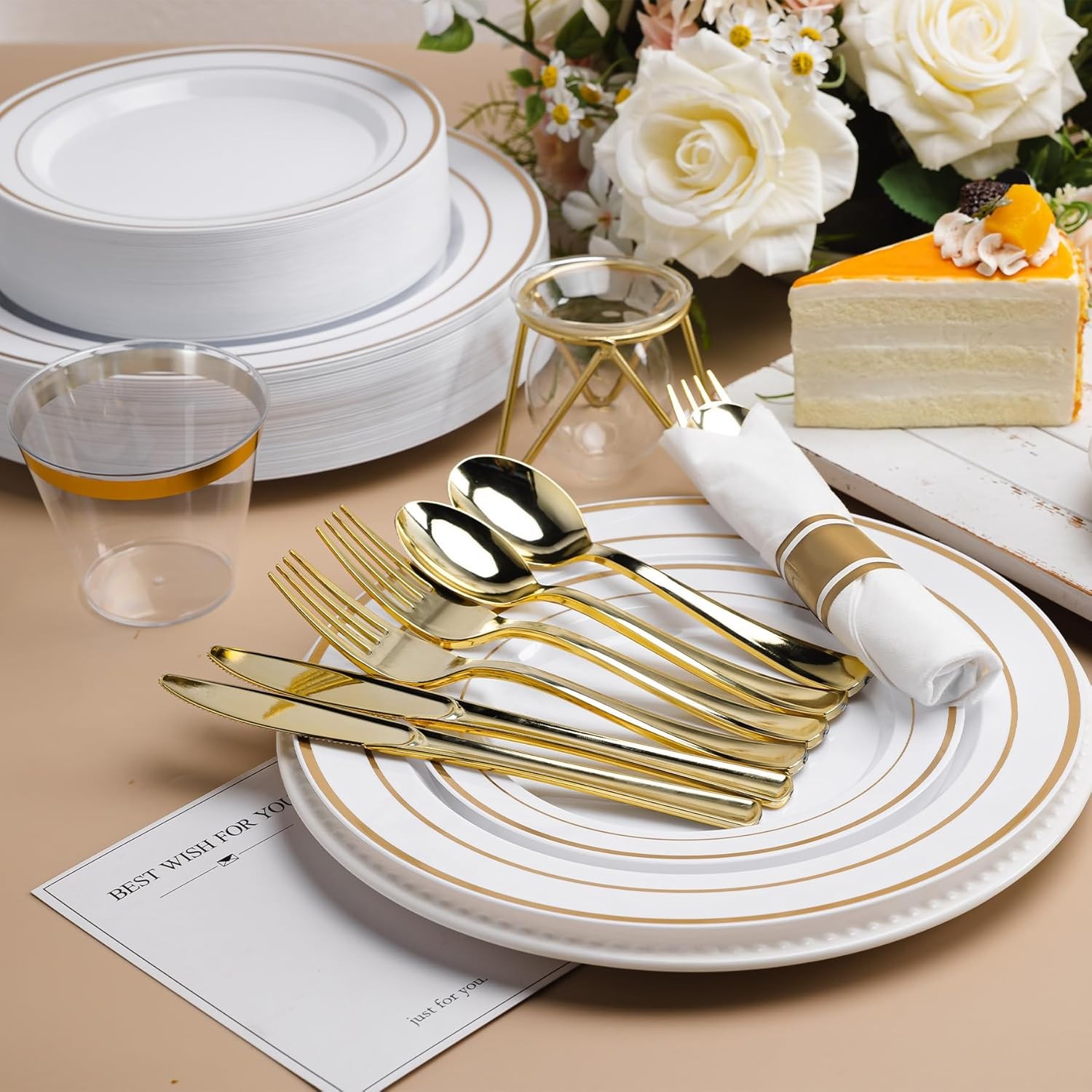 350 PCS White and Gold Plastic Dinnerware Set for 50 Guests, Disposable Party