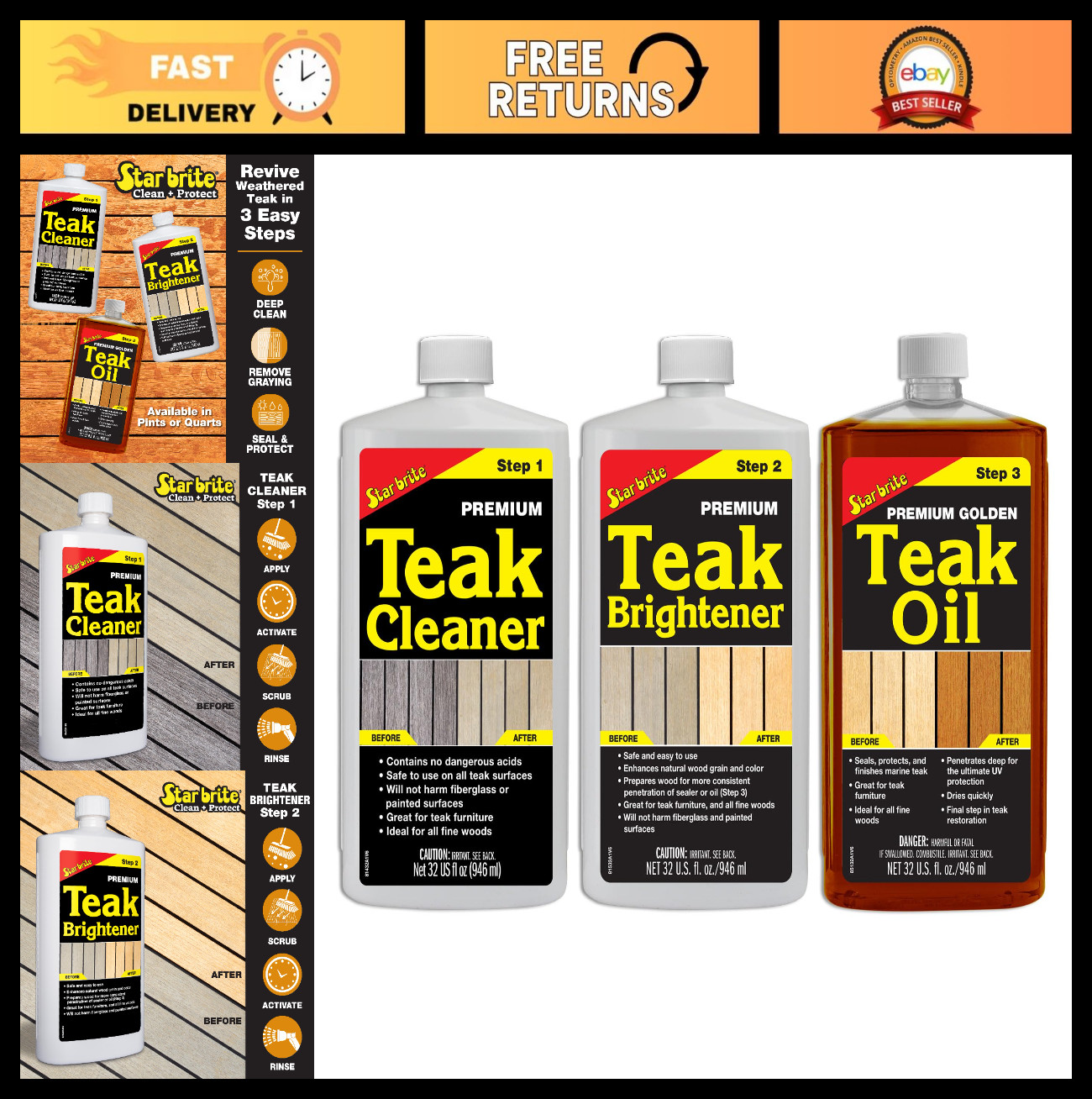 Teak Restoration Kit – Marine Grade Cleaner & Brightener for Decks, Furniture, B