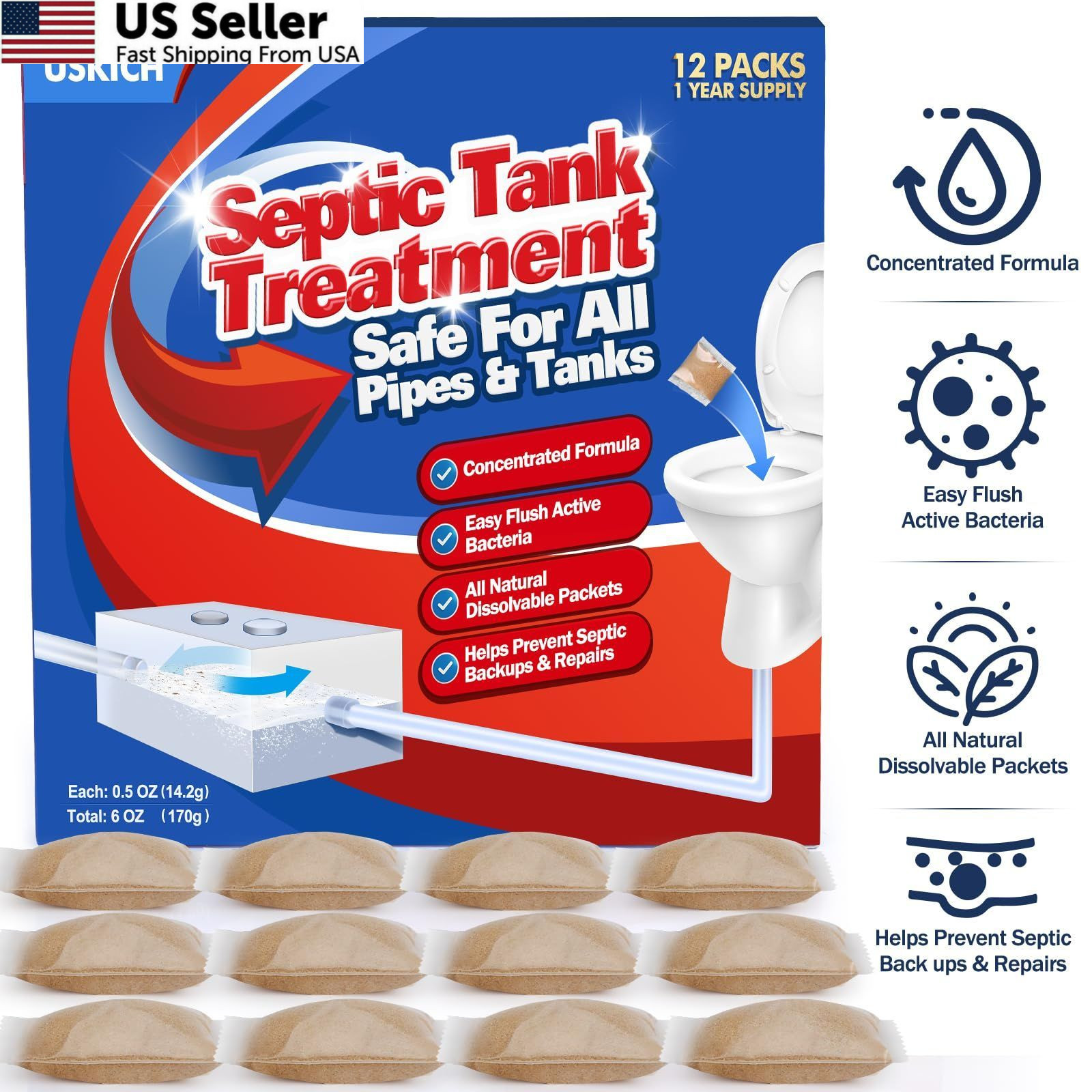 1 Year Supply Septic Tank Treatment 12 Count Dissolvable Bacteria Packets USA