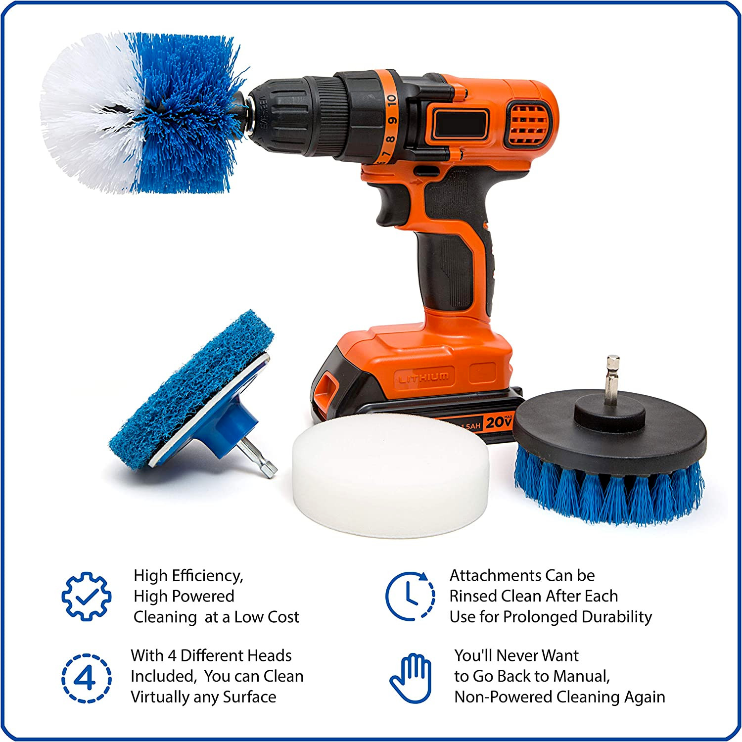 Revoclean 4 Piece Scrub Brush Power Drill Attachments-All Purpose Time Saving