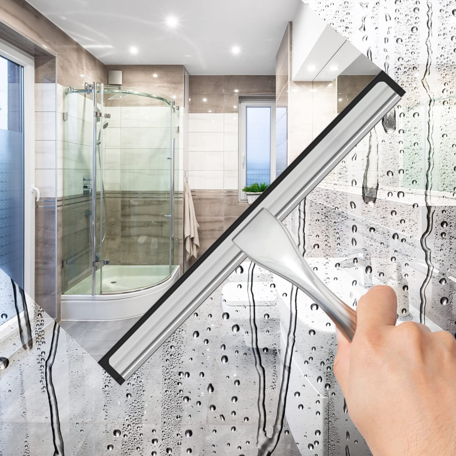 AllPurpose Stainless Steel Shower Squeegee for Shower Glass Door with 2 Adhes…