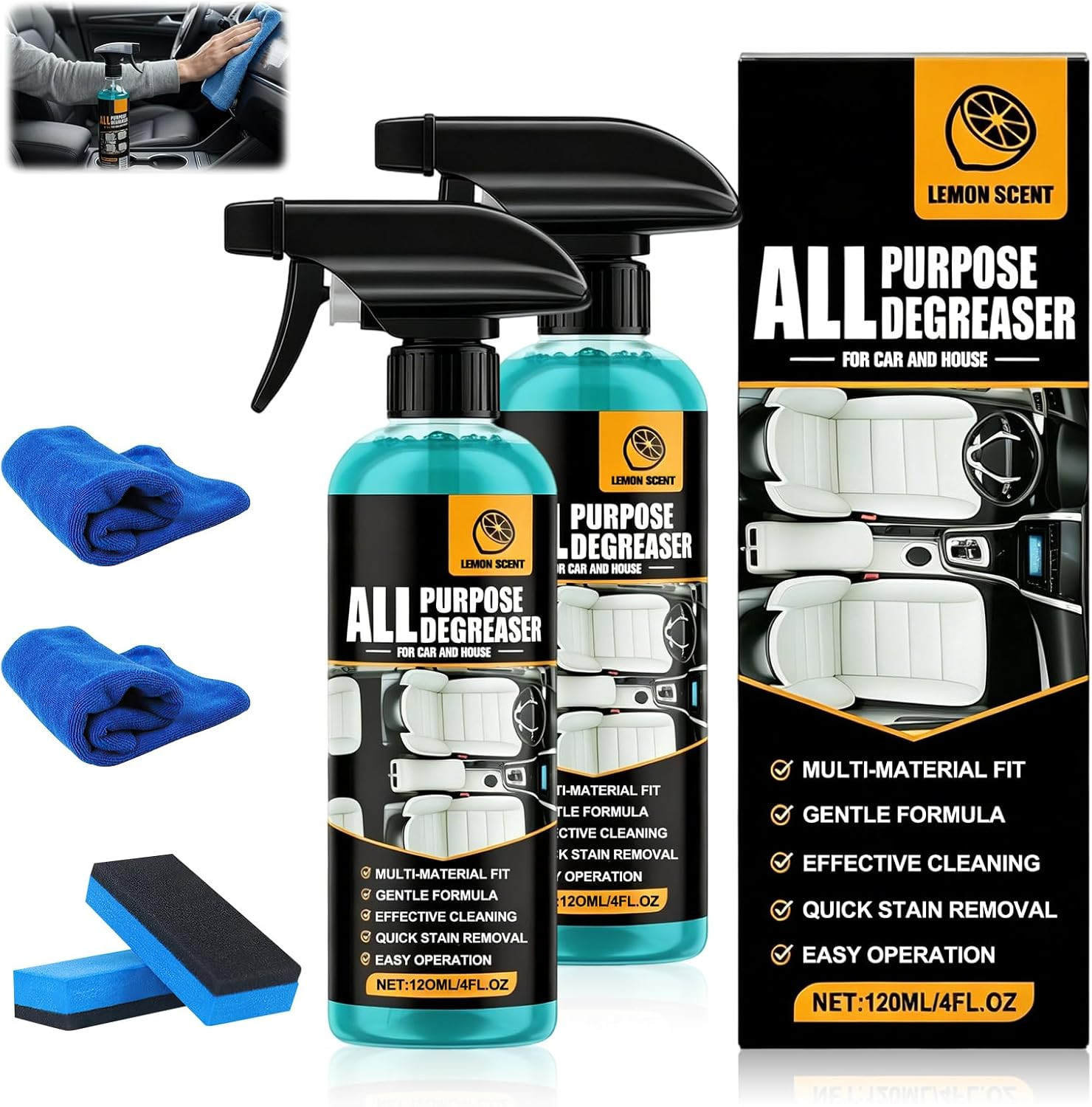 2Pcs All Purpose Degreaser for Car and House, Lemon Scent Mulit Heavy-Duty Clean