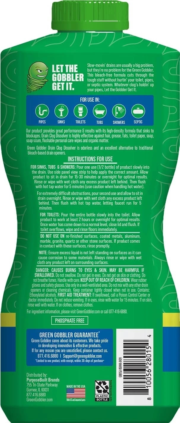 Green Gobbler Drain Clog Dissolver,Drain Opener-Cleaner,Toilet Clog Remover,31oz