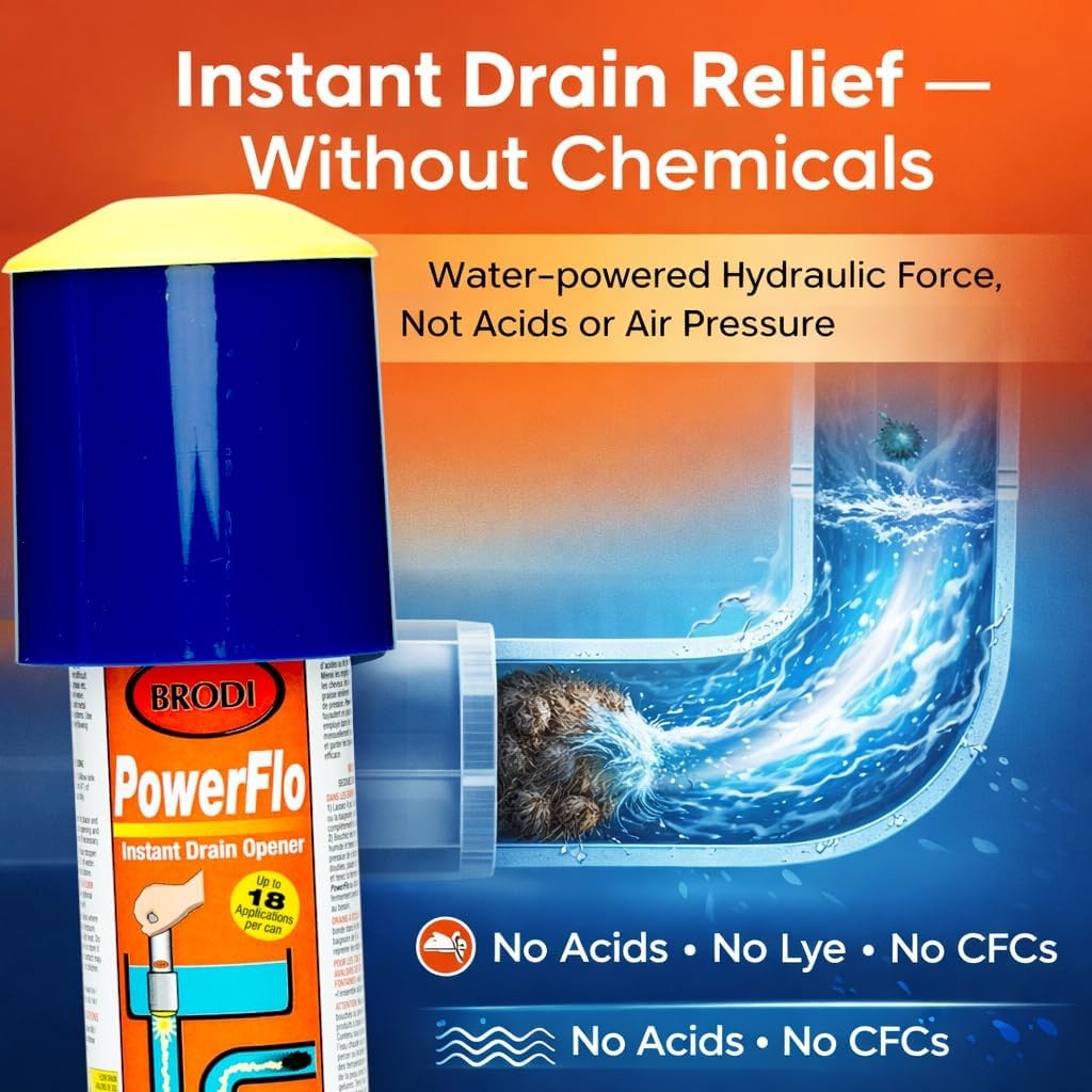Powerflo Instant Drain Opener Non-Chemical Hydraulic Action Clears Clogs Fast