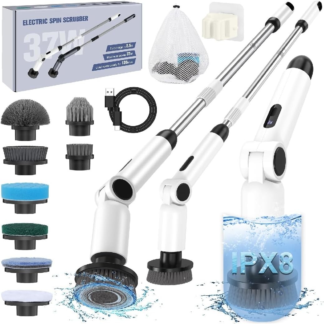Electric Spin Scrubber, 9 Brush Heads, 2 Speed Mode, 4 Adjustable Angles(Gray)