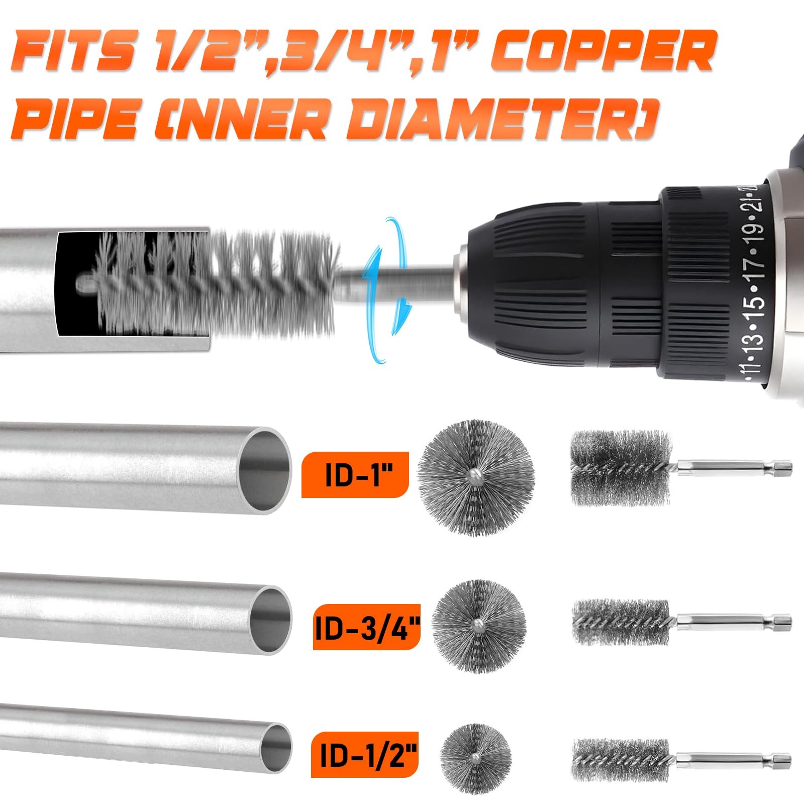 1/2″ 3/4″ 1″ Copper Pipe Cleaner Set for Drill, Pipe Tool Cleaner Brushes wit…