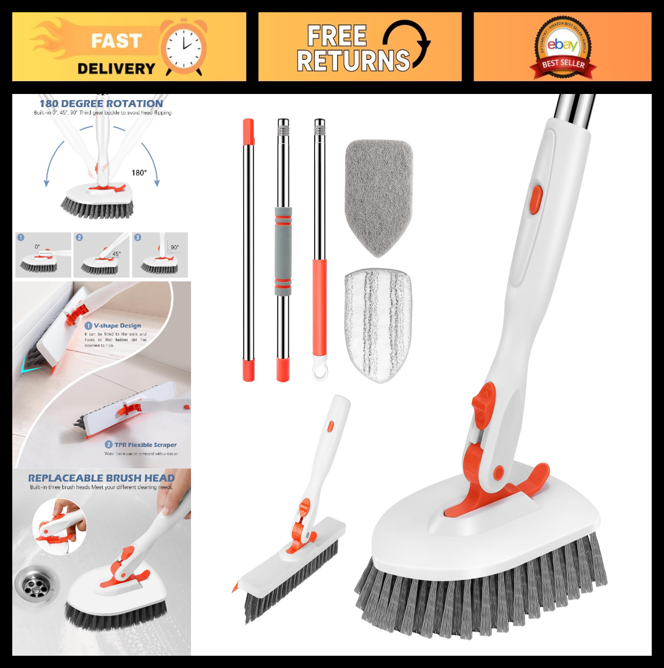 4-in-1 Tile & Tub Floor Scrubber with Adjustable Handle, V-Shaped Grout Brush &