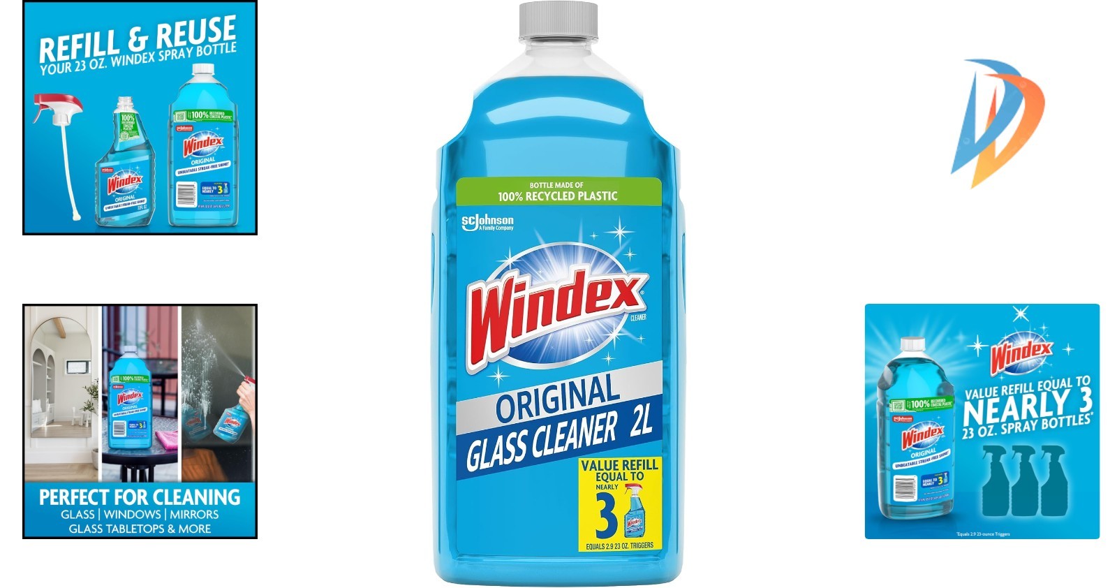 Windex Blue Glass Cleaner Refill, 2L Eco-Conscious Streak-Free Shine