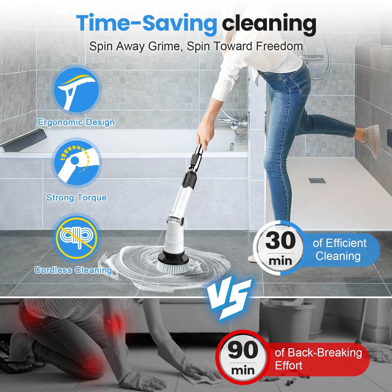 AMILUO ELECTRIC SPIN SCRUBBER, 600 RPM CORDLESS BATHROOM CLEANING BRUSH – WHITE