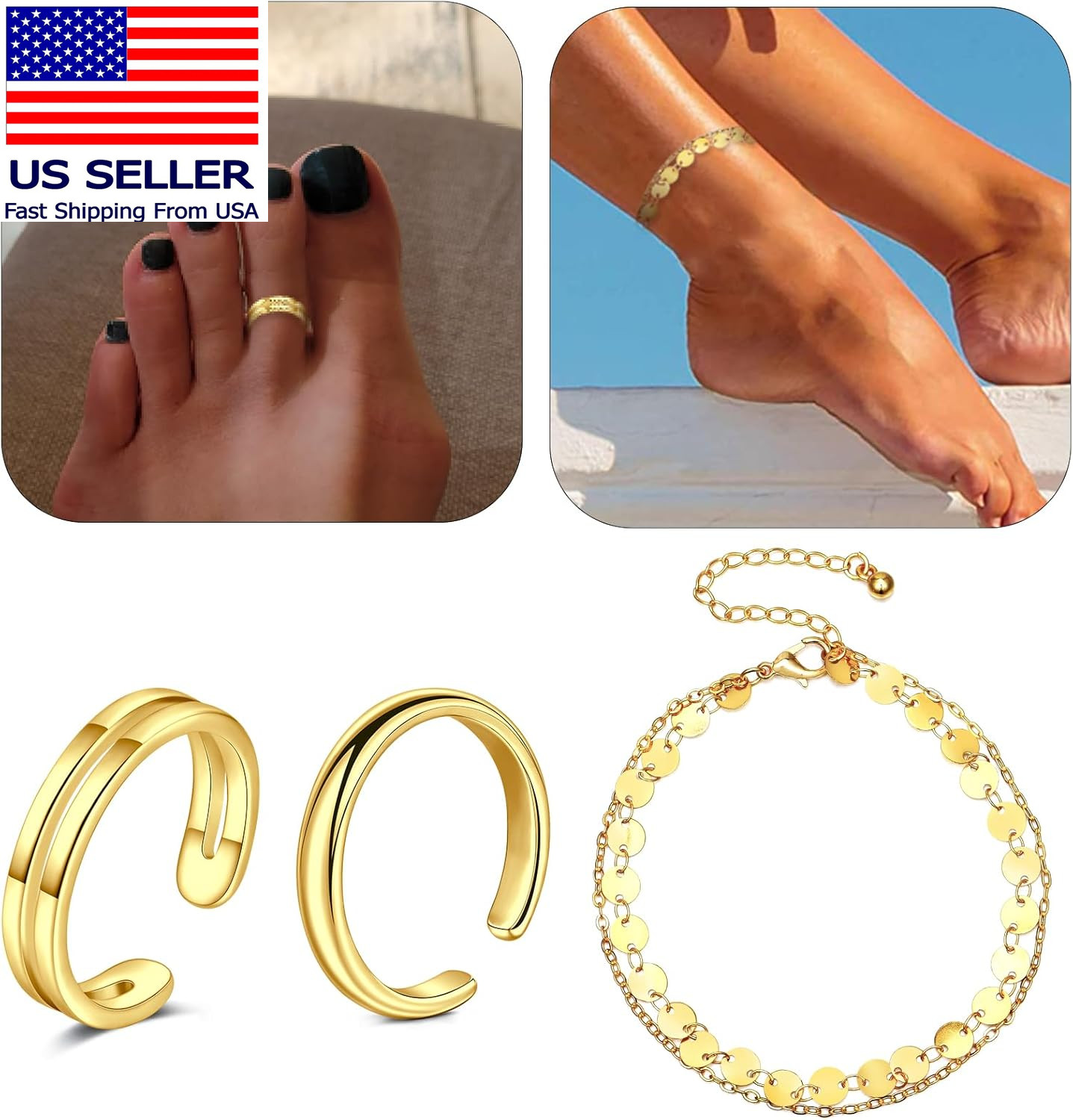 Toe Rings for Women Gold Silver Toe Ring Non Tarnish Ankle Bracelets for Women W