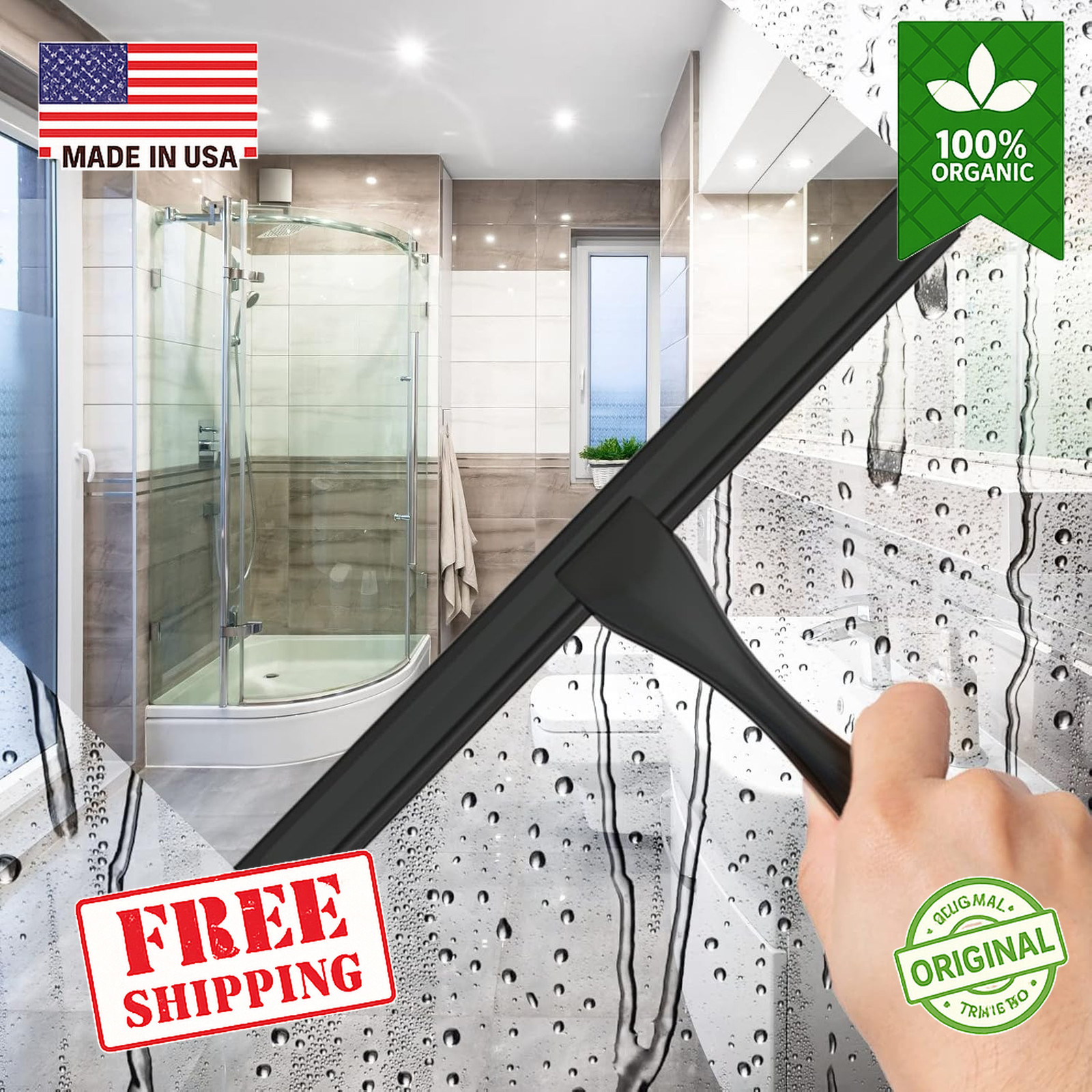 10in Stainless Steel Shower Squeegee Glass Window Cleaner w/ Hook Black